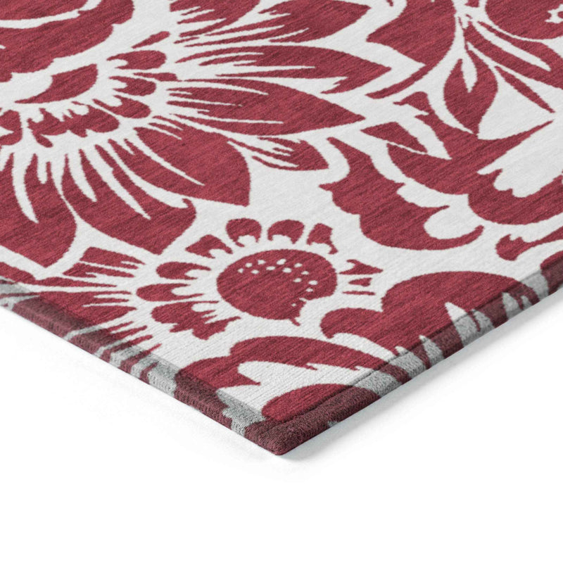 10' X 14' Burgundy and White Floral Washable Non Skid Indoor Outdoor Area Rug