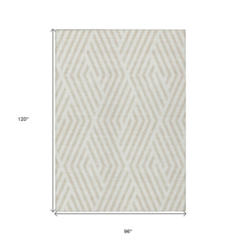 8' X 10' Beige and Ivory Geometric Washable Non Skid Indoor Outdoor Area Rug