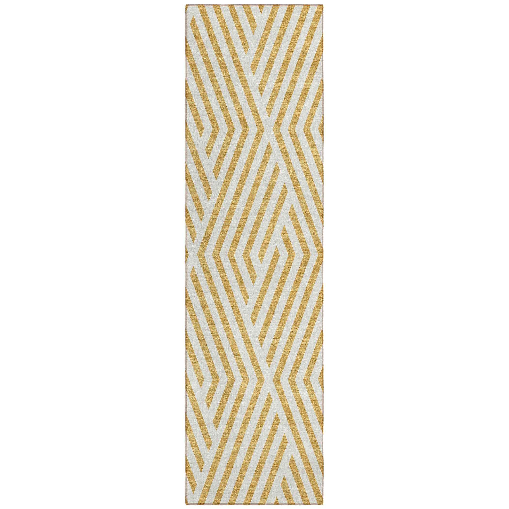 8' Runner Gold and White Geometric Washable Non Skid Indoor Outdoor Runner Rug