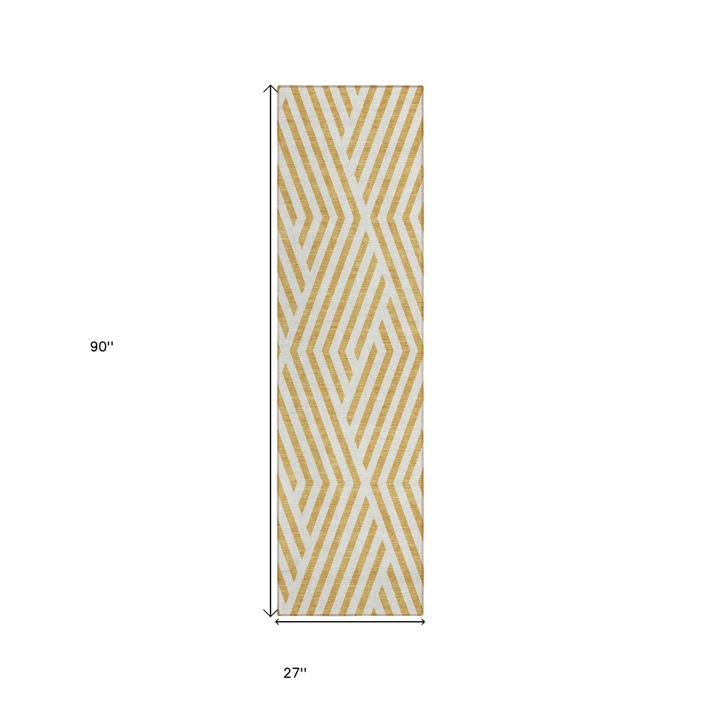 8' Runner Gold and White Geometric Washable Non Skid Indoor Outdoor Runner Rug