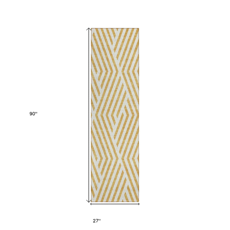 8' Runner Gold and White Geometric Washable Non Skid Indoor Outdoor Runner Rug