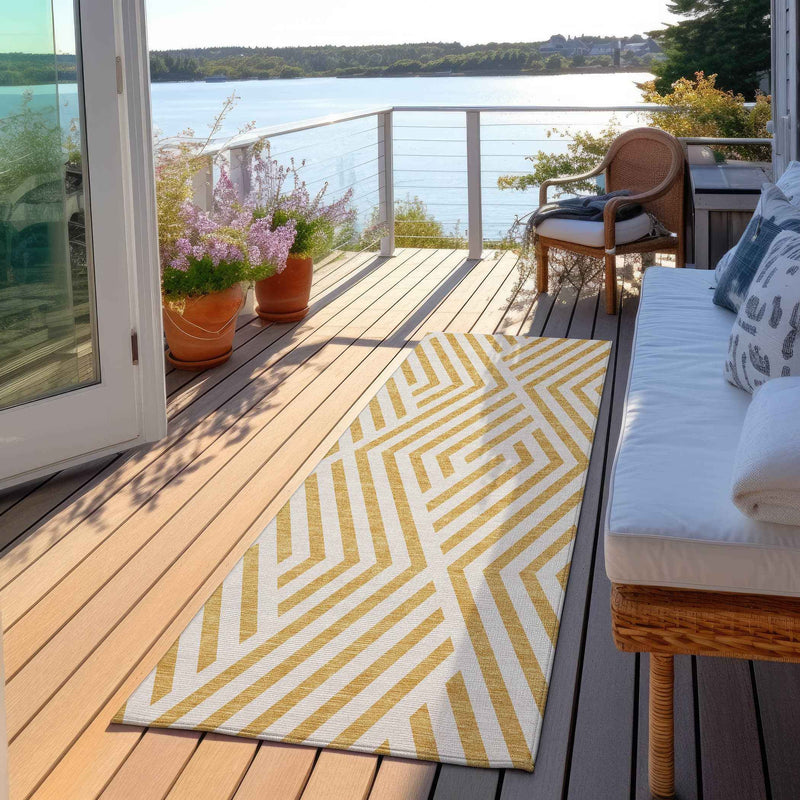 8' Runner Gold and White Geometric Washable Non Skid Indoor Outdoor Runner Rug