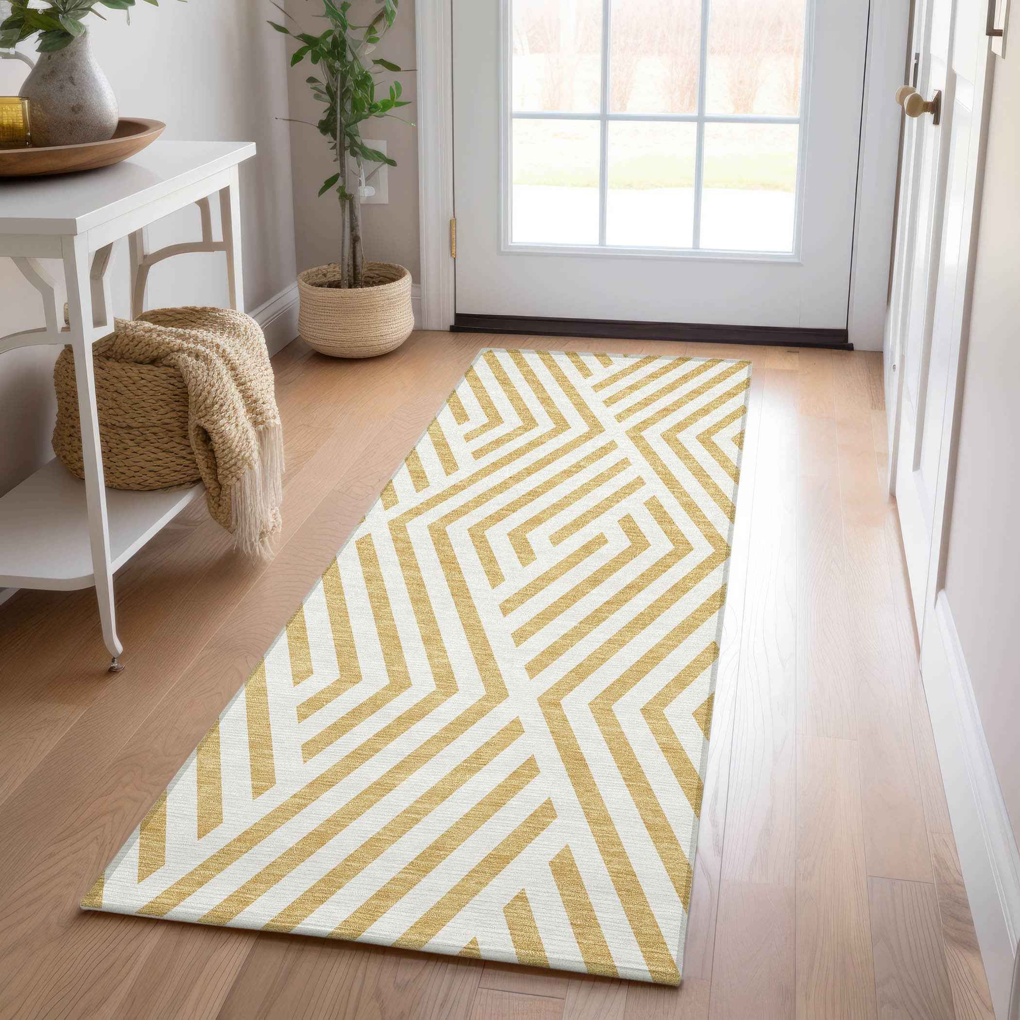 8' Runner Gold and White Geometric Washable Non Skid Indoor Outdoor Runner Rug