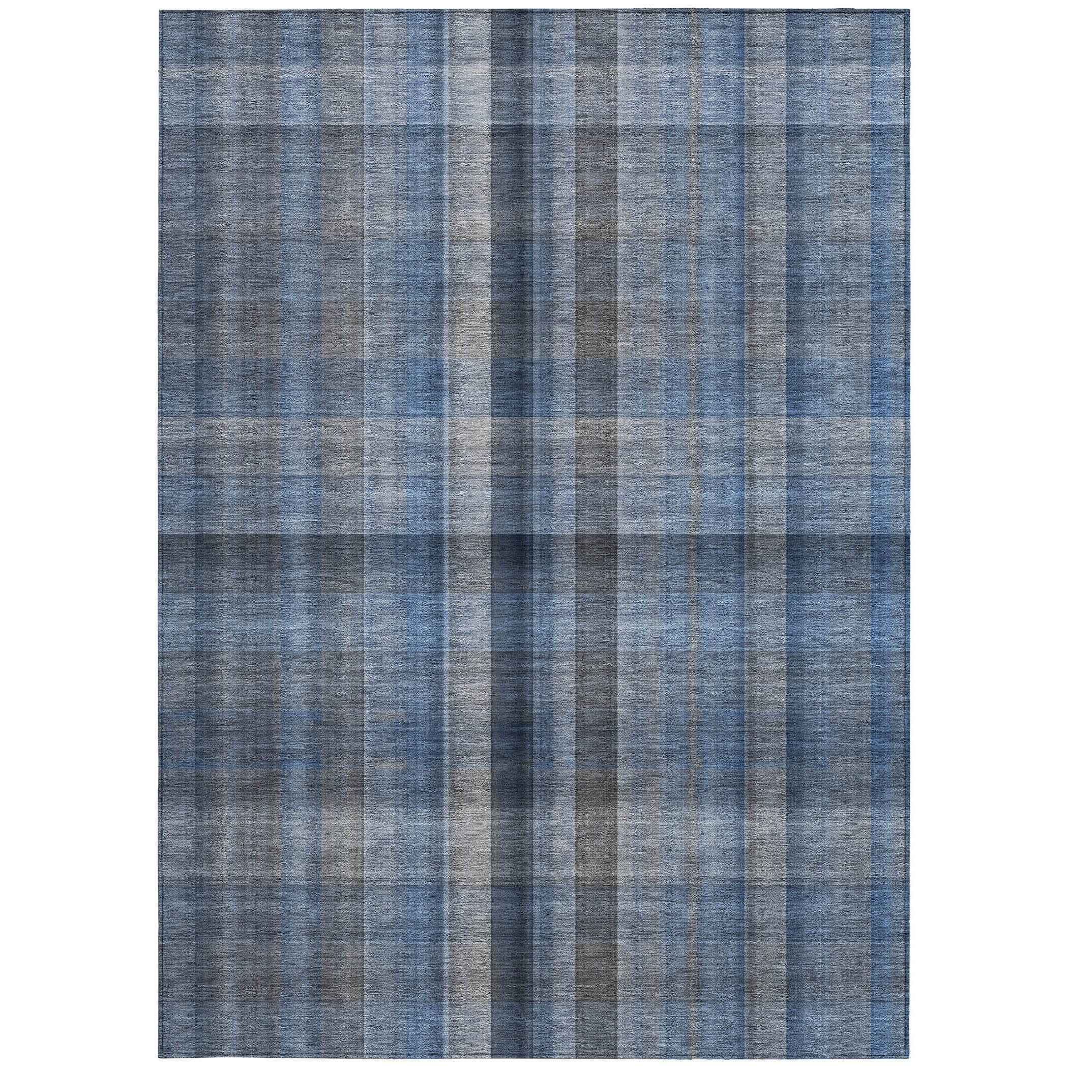9' X 12' Blue Plaid Washable Non Skid Indoor Outdoor Area Rug