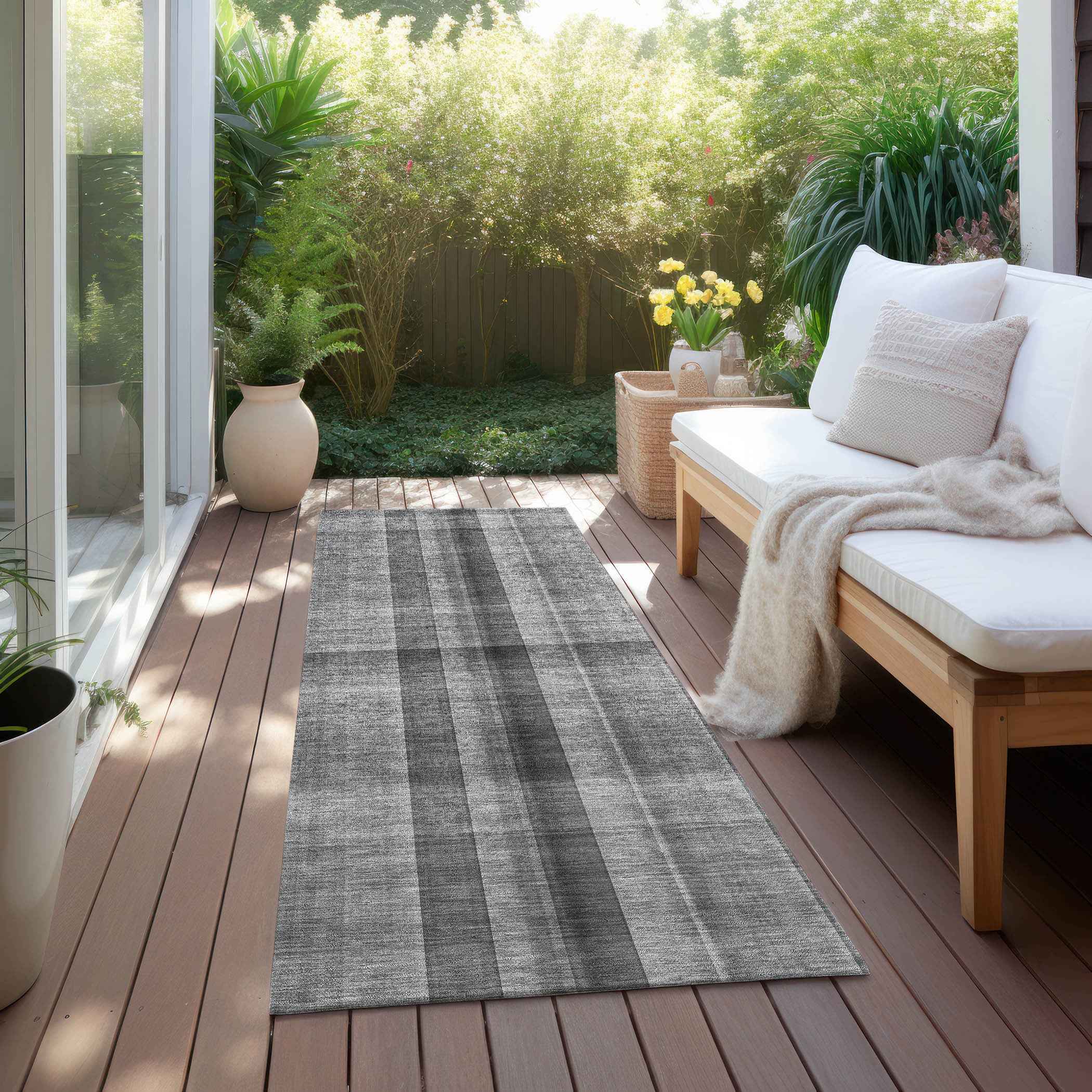 8' Runner Gray Plaid Washable Non Skid Indoor Outdoor Runner Rug