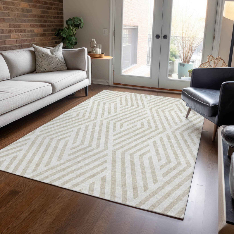 9' X 12' Beige and Ivory Geometric Washable Non Skid Indoor Outdoor Area Rug
