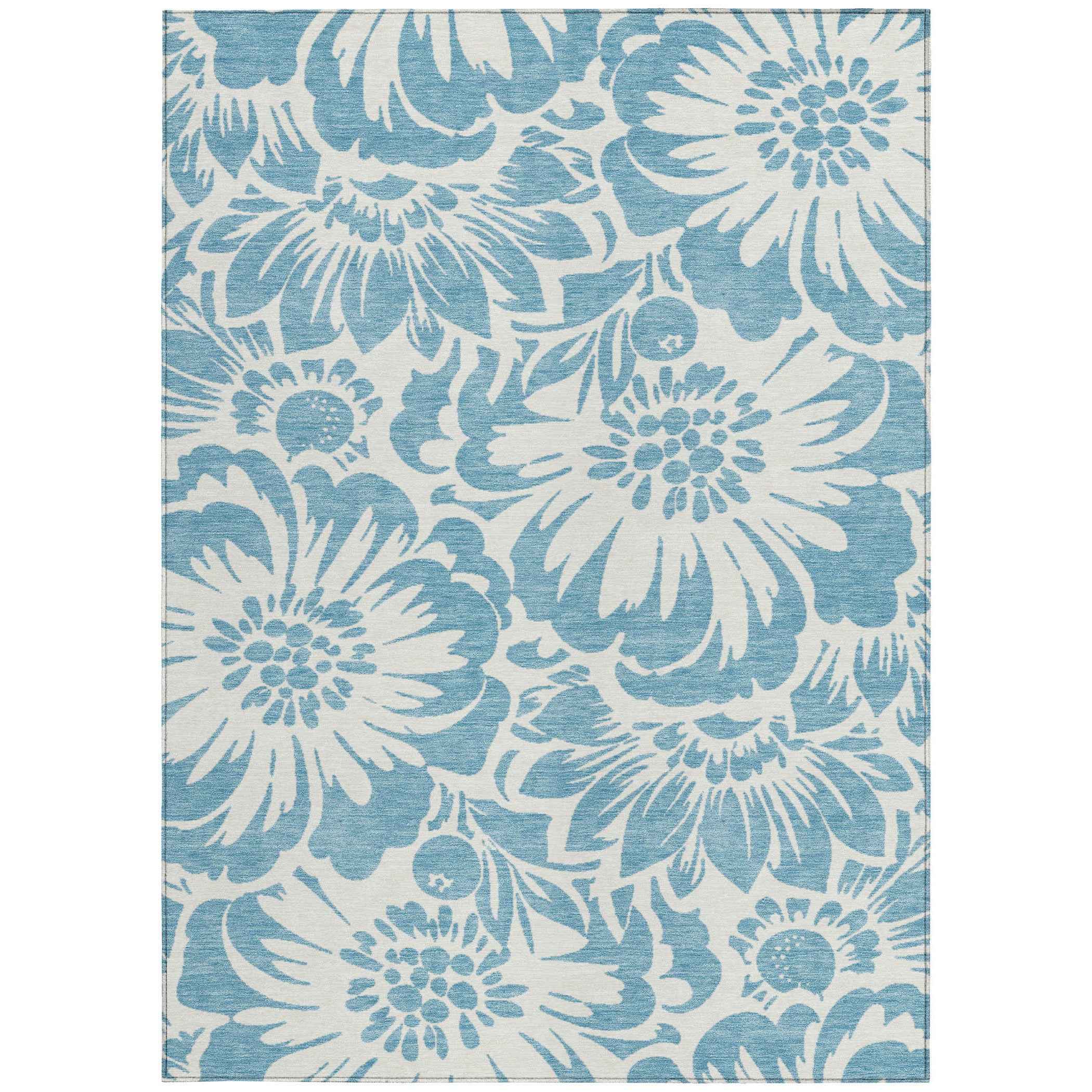 3' X 5' Denim and Ivory Floral Washable Non Skid Indoor Outdoor Area Rug