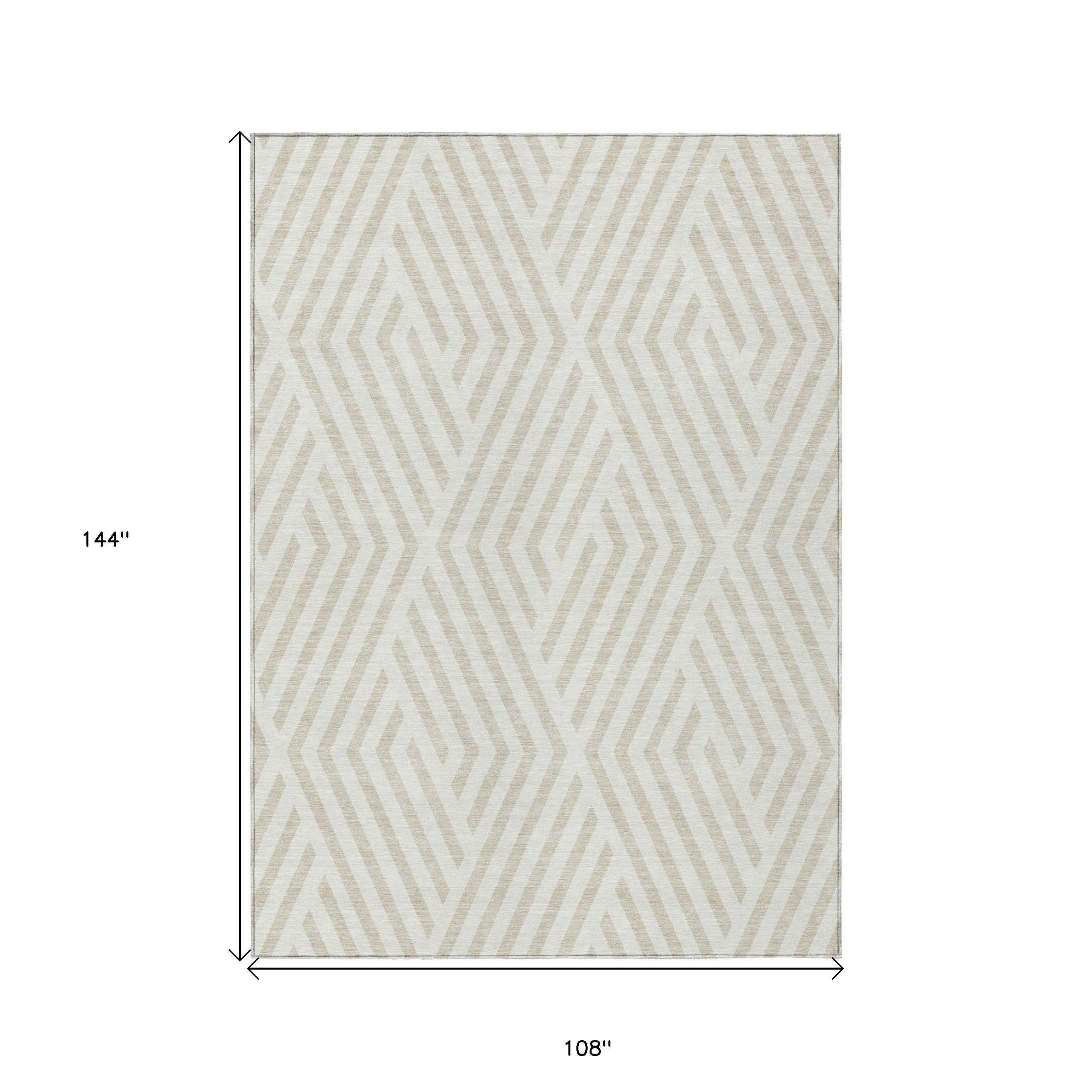 9' X 12' Beige and Ivory Geometric Washable Non Skid Indoor Outdoor Area Rug
