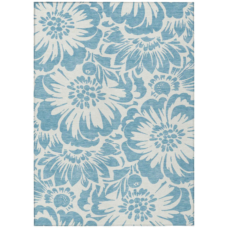 3' X 5' Denim and Ivory Floral Washable Non Skid Indoor Outdoor Area Rug