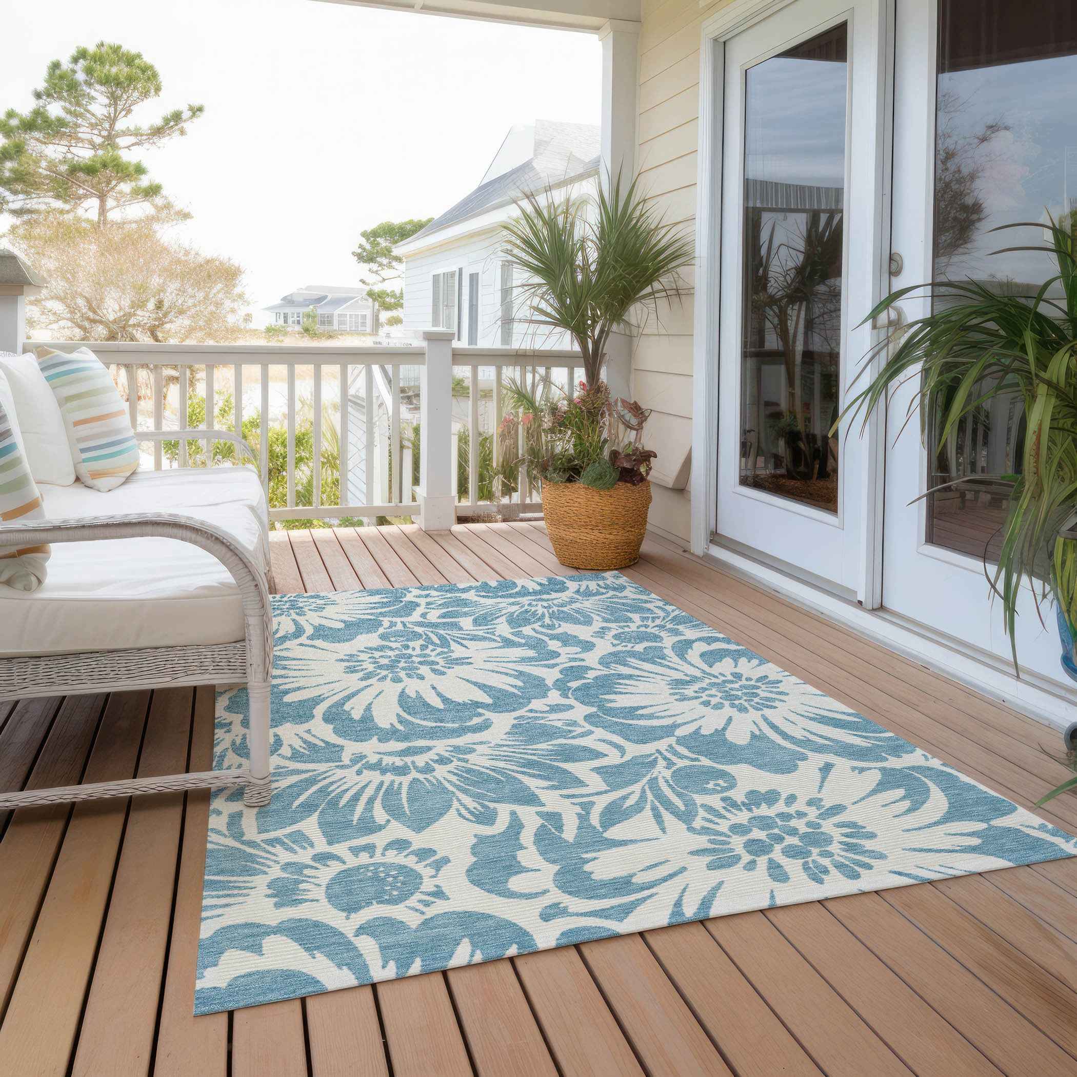 3' X 5' Denim and Ivory Floral Washable Non Skid Indoor Outdoor Area Rug