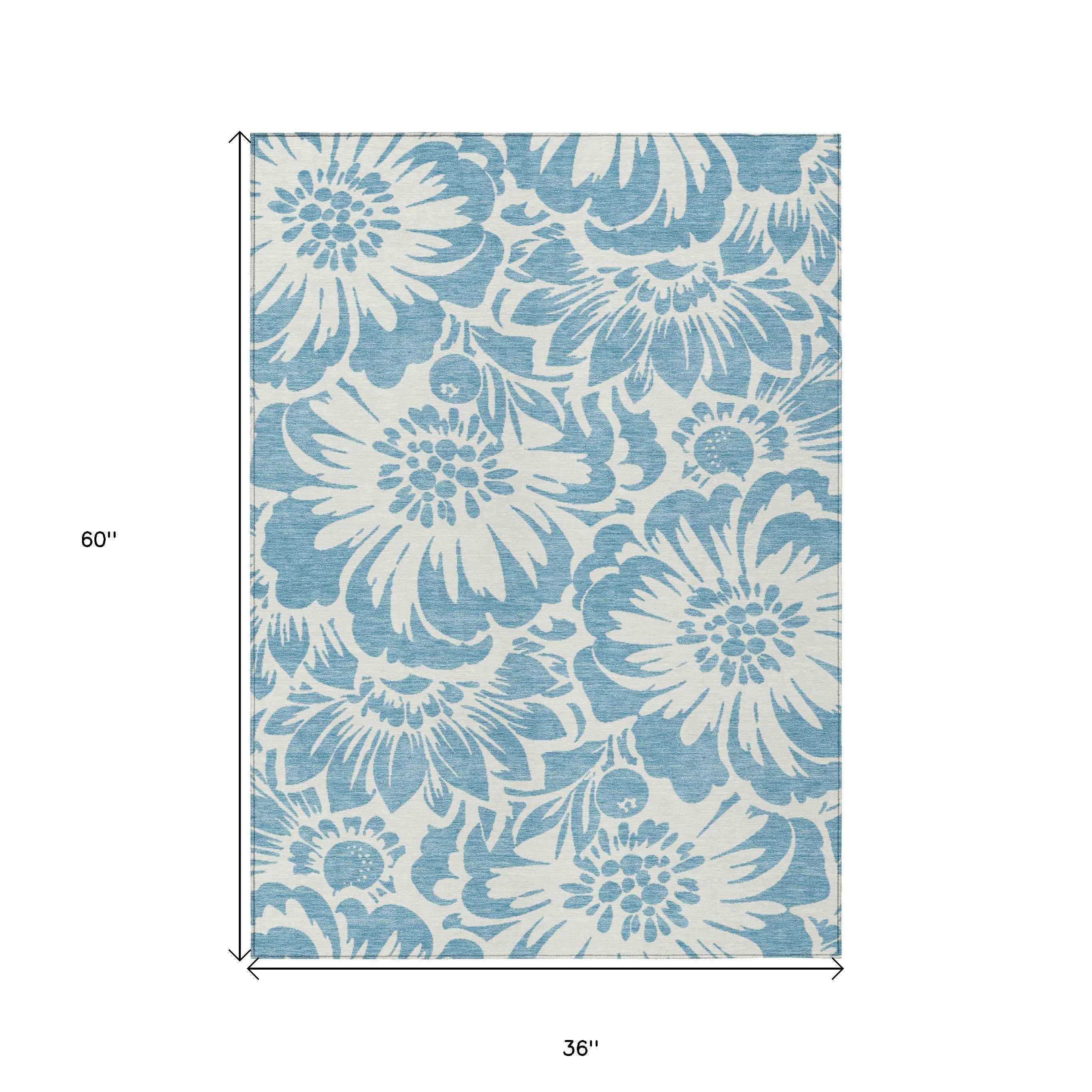 3' X 5' Denim and Ivory Floral Washable Non Skid Indoor Outdoor Area Rug