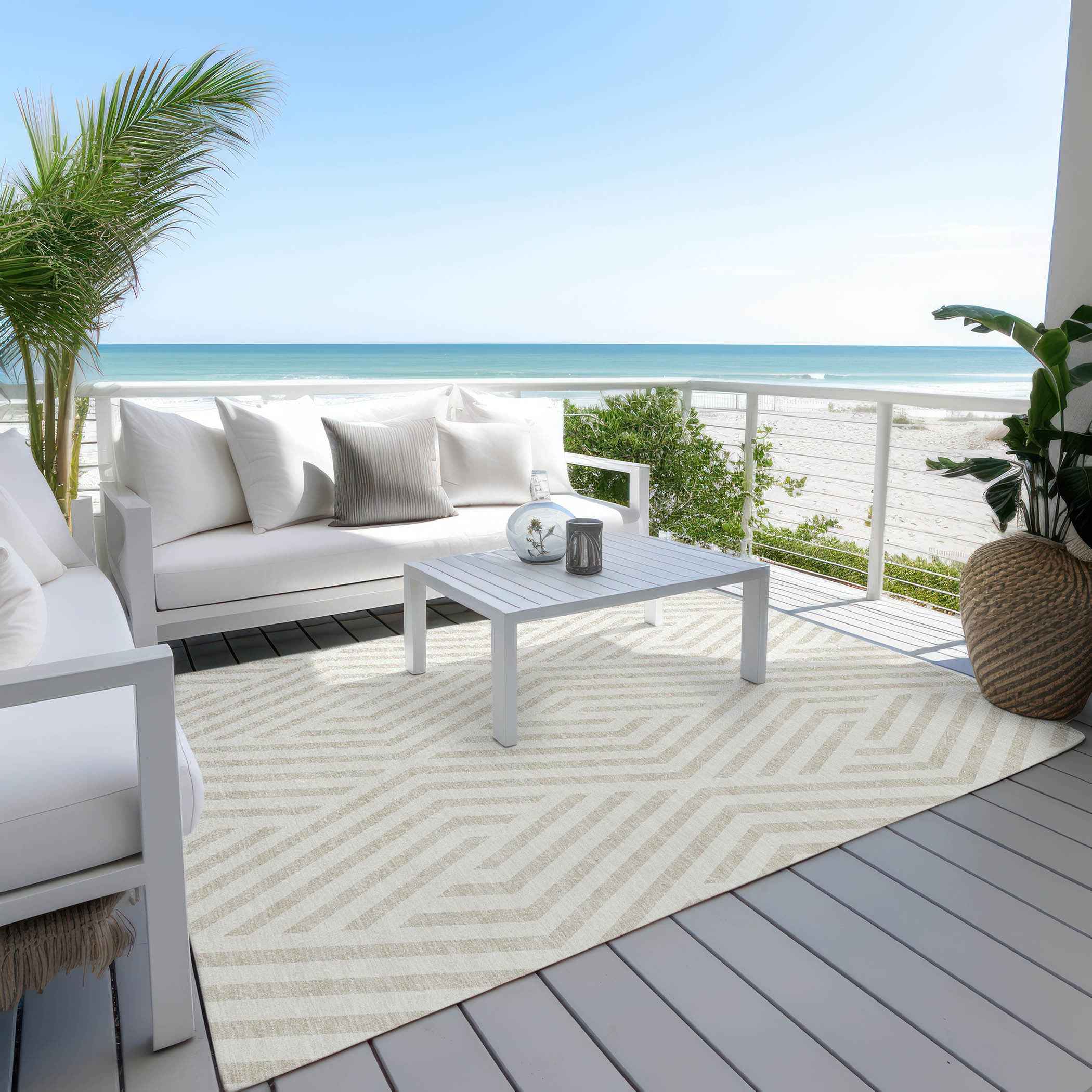 9' X 12' Beige and Ivory Geometric Washable Non Skid Indoor Outdoor Area Rug