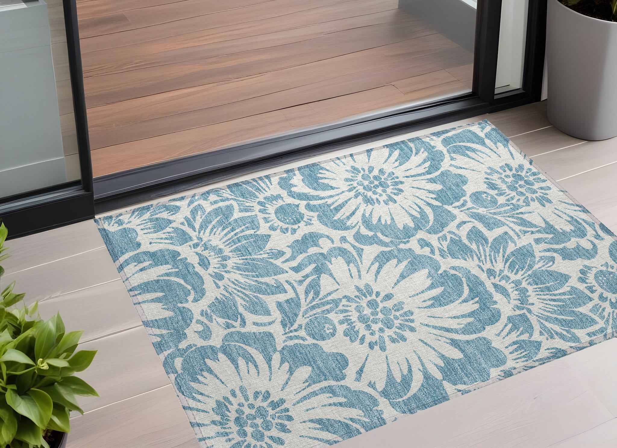 3' X 5' Denim and Ivory Floral Washable Non Skid Indoor Outdoor Area Rug