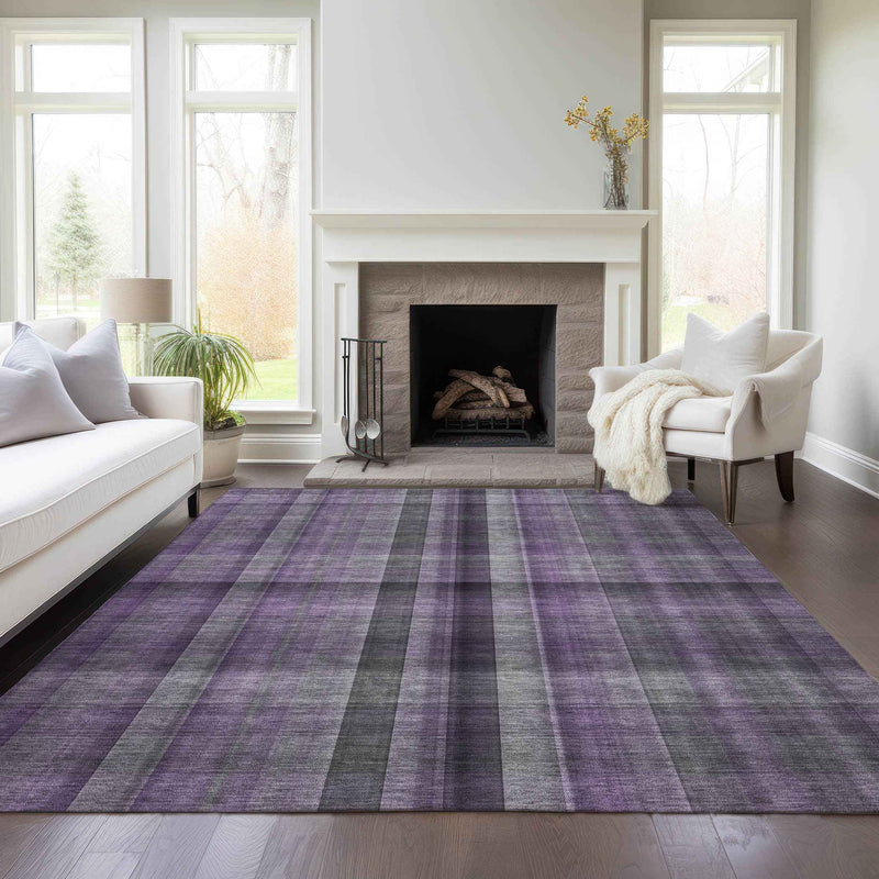 5' X 8' Purple Gray and Black Plaid Washable Non Skid Indoor Outdoor Area Rug