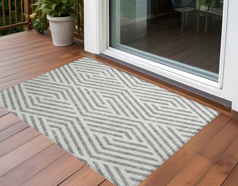 2' X 3' Gray and Ivory Geometric Washable Non Skid Indoor Outdoor Area Rug