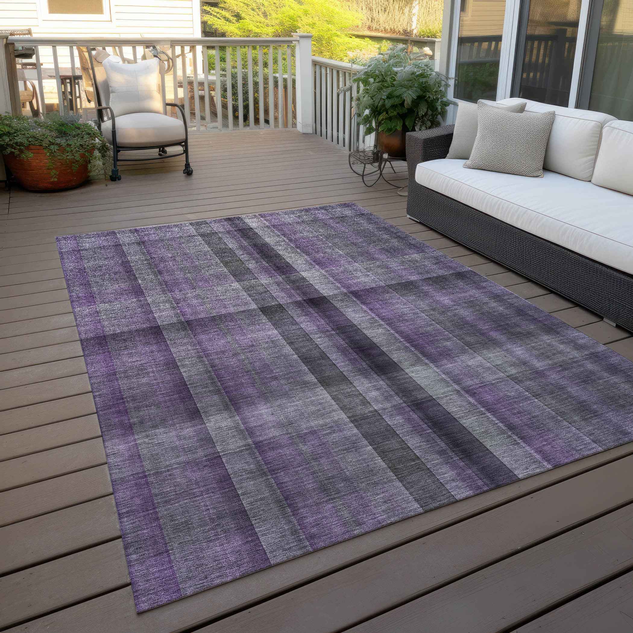 5' X 8' Purple Gray and Black Plaid Washable Non Skid Indoor Outdoor Area Rug