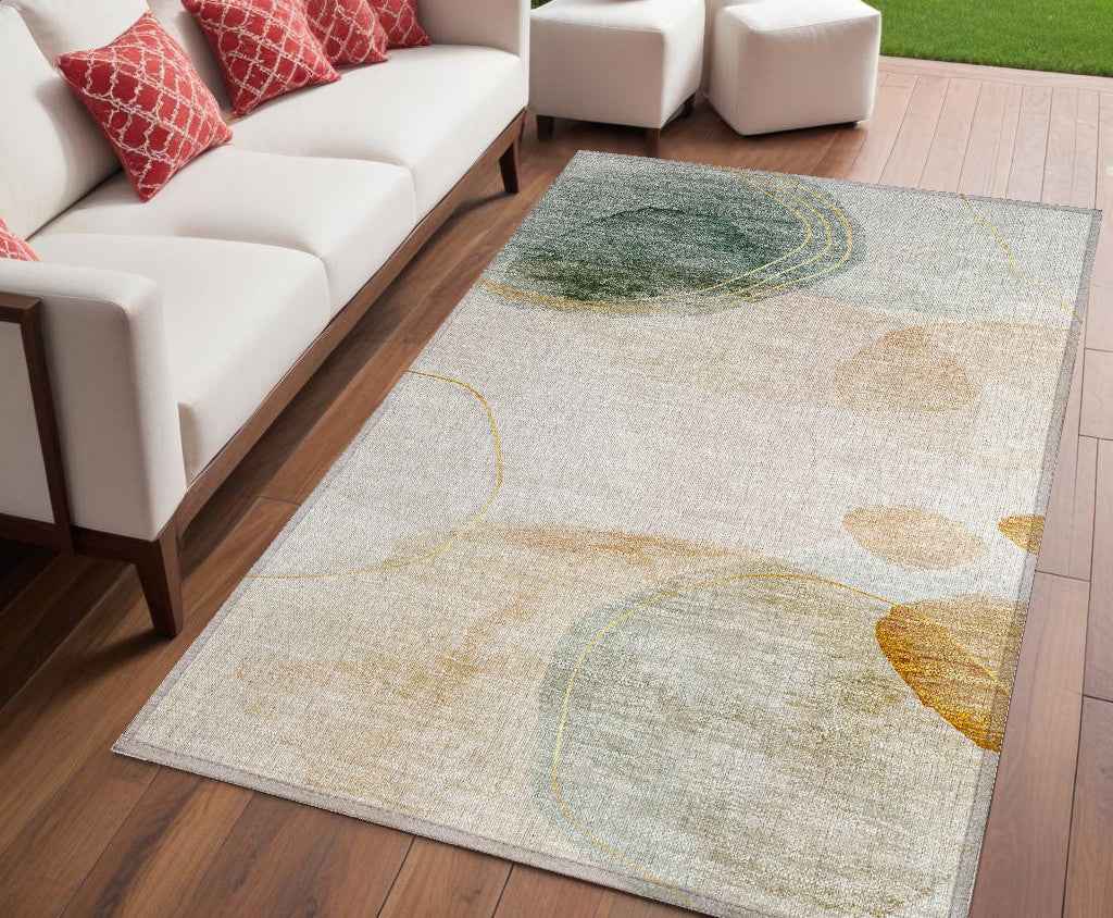 5' X 8' Beige And Green Abstract Washable Indoor Outdoor Area Rug