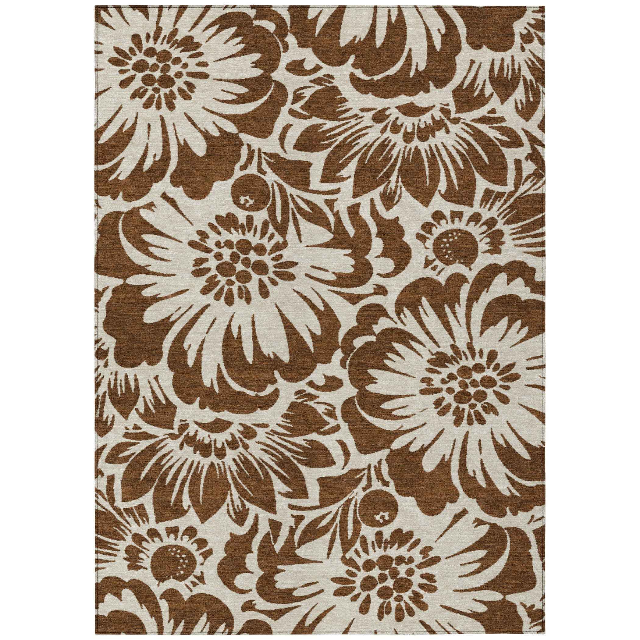 3' X 5' Brown And Ivory Floral Washable Indoor Outdoor Area Rug