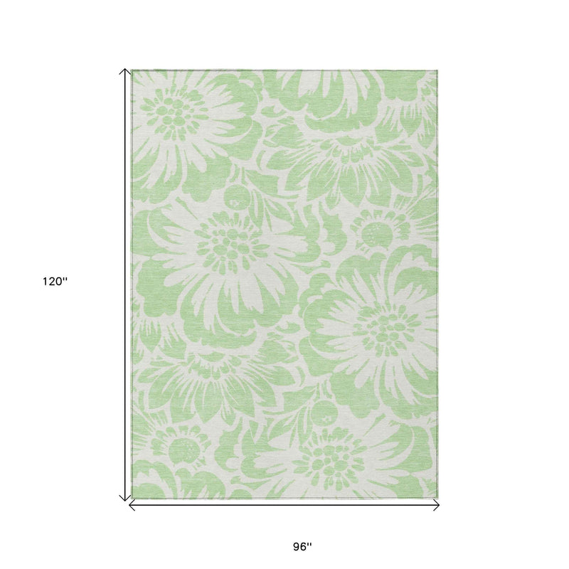 8' X 10' Mint Green and Ivory Floral Washable Non Skid Indoor Outdoor Area Rug