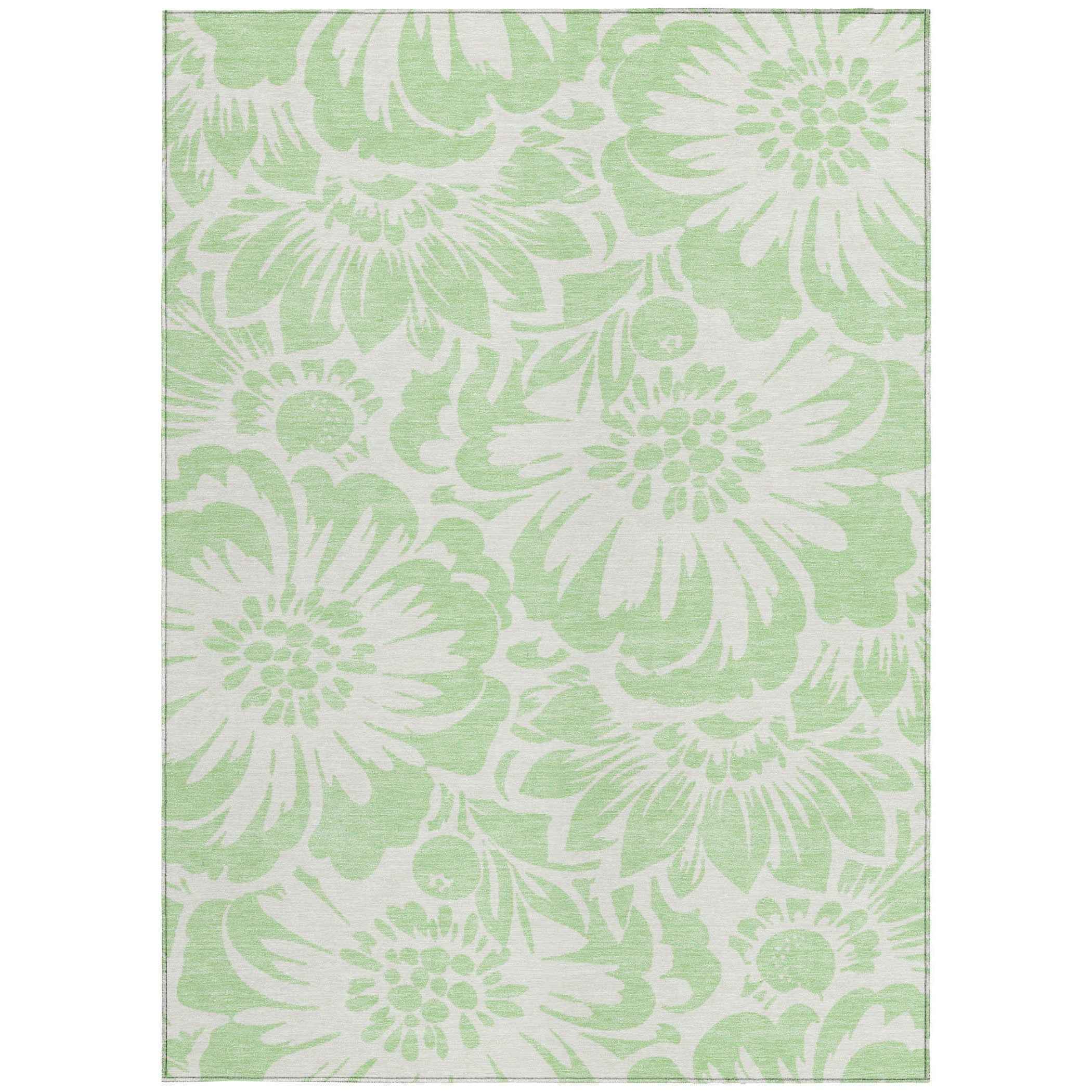 8' X 10' Mint Green and Ivory Floral Washable Non Skid Indoor Outdoor Area Rug