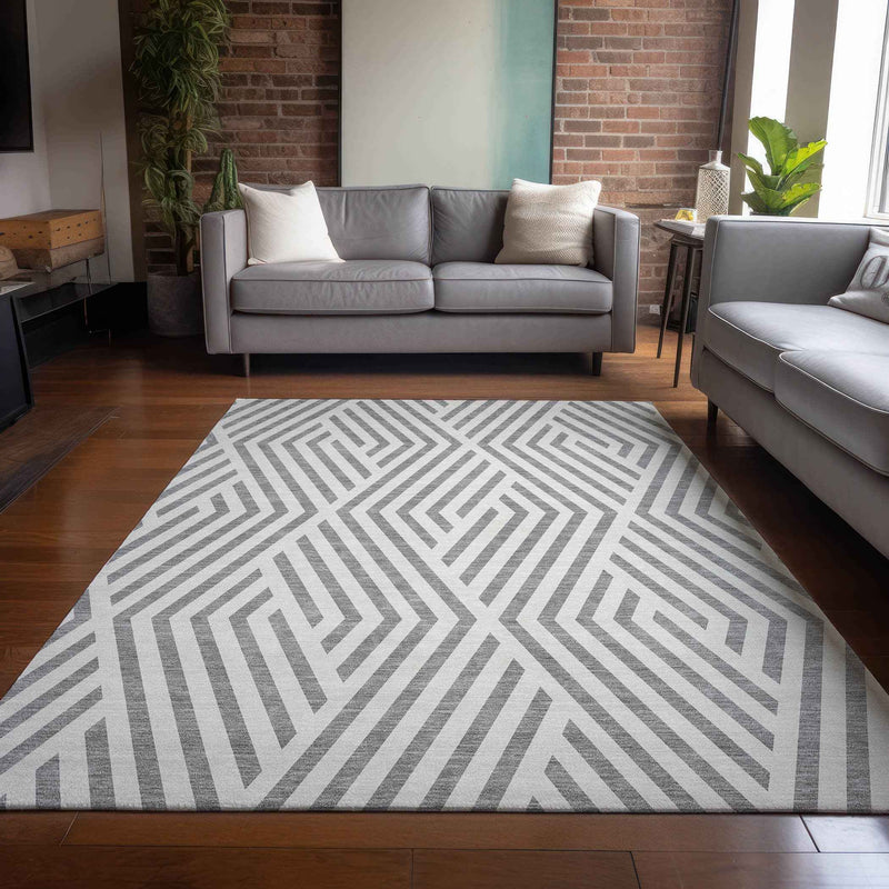 8' X 10' Gray And Ivory Geometric Washable Indoor Outdoor Area Rug