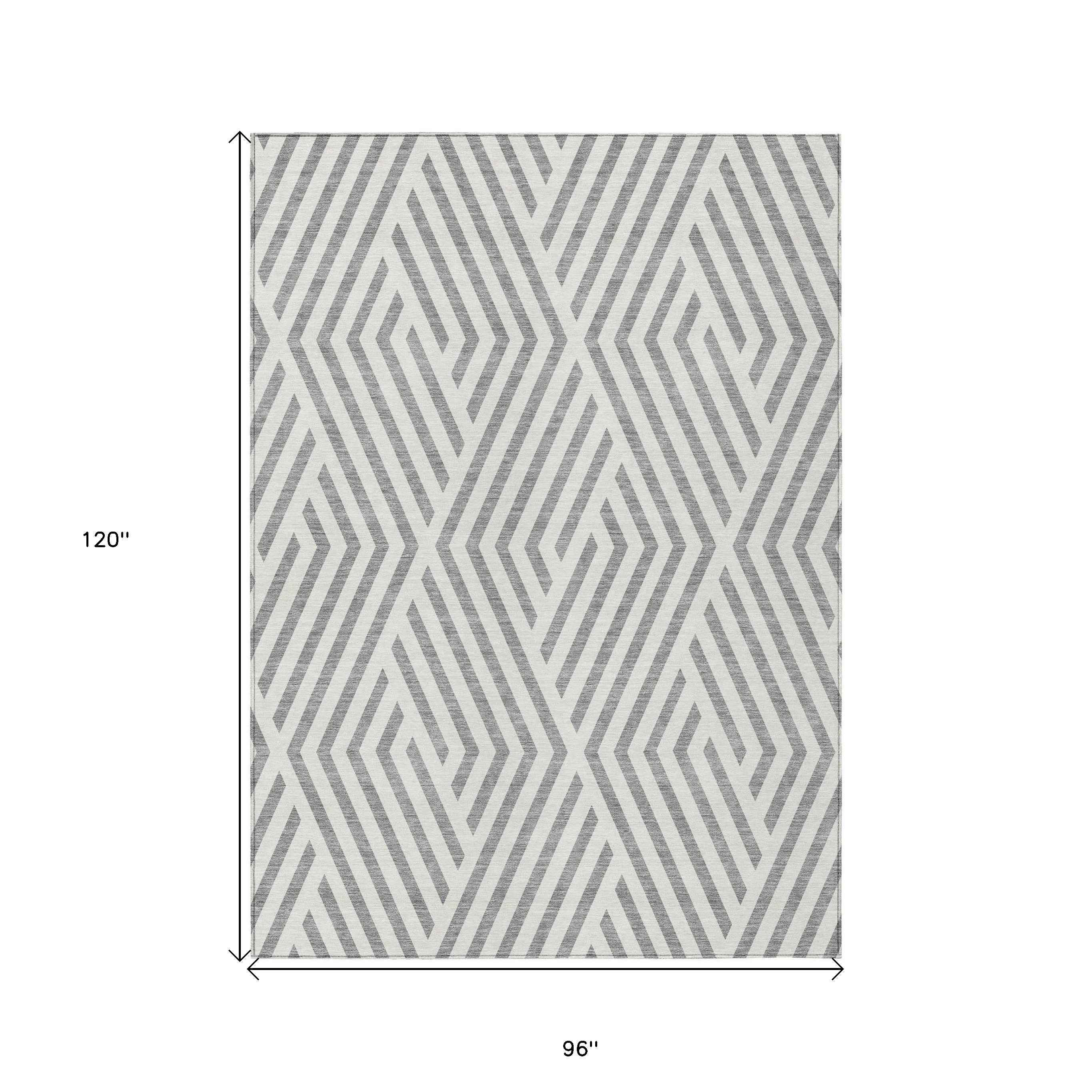 8' X 10' Gray And Ivory Geometric Washable Indoor Outdoor Area Rug