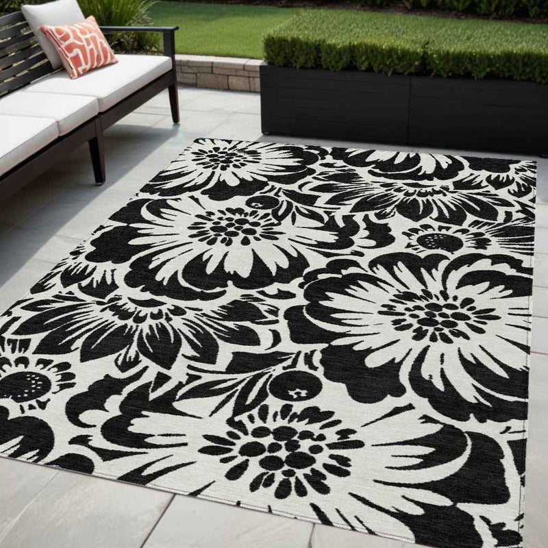 5' X 8' Black and Ivory Floral Washable Non Skid Indoor Outdoor Area Rug