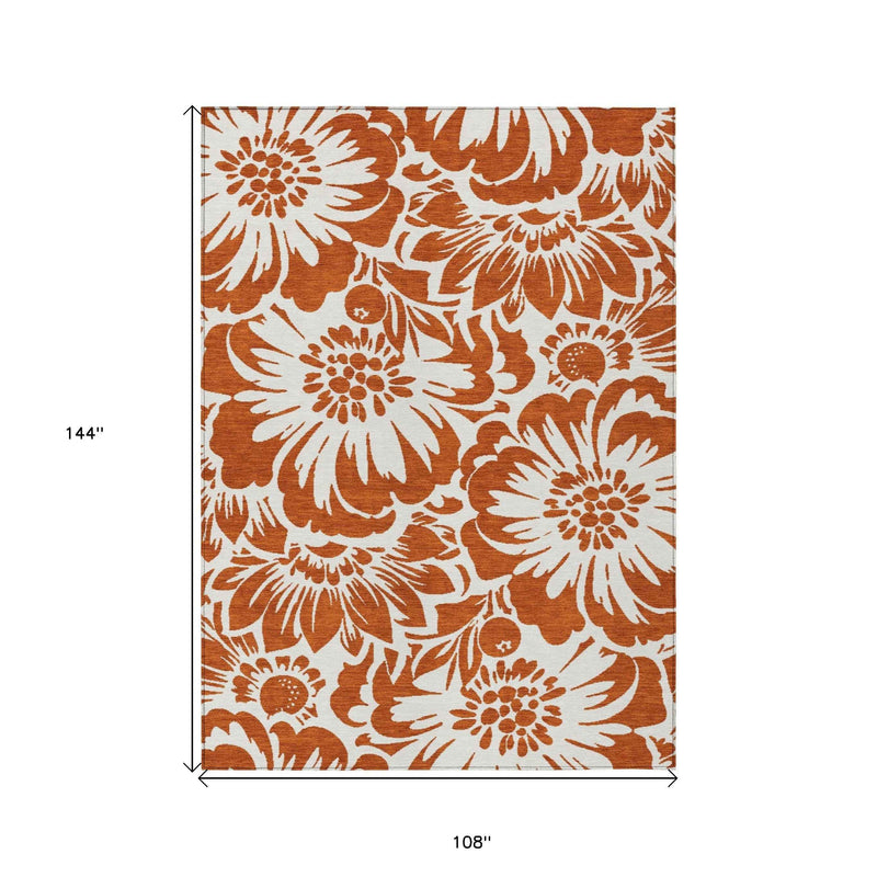 9' X 12' Rust and Ivory Floral Washable Non Skid Indoor Outdoor Area Rug