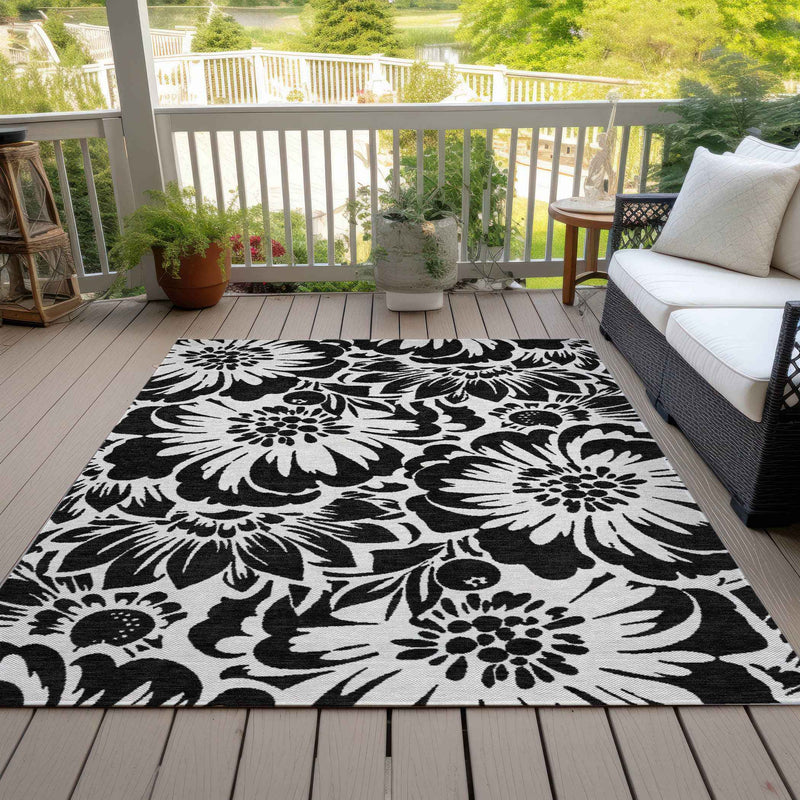 5' X 8' Black and Ivory Floral Washable Non Skid Indoor Outdoor Area Rug