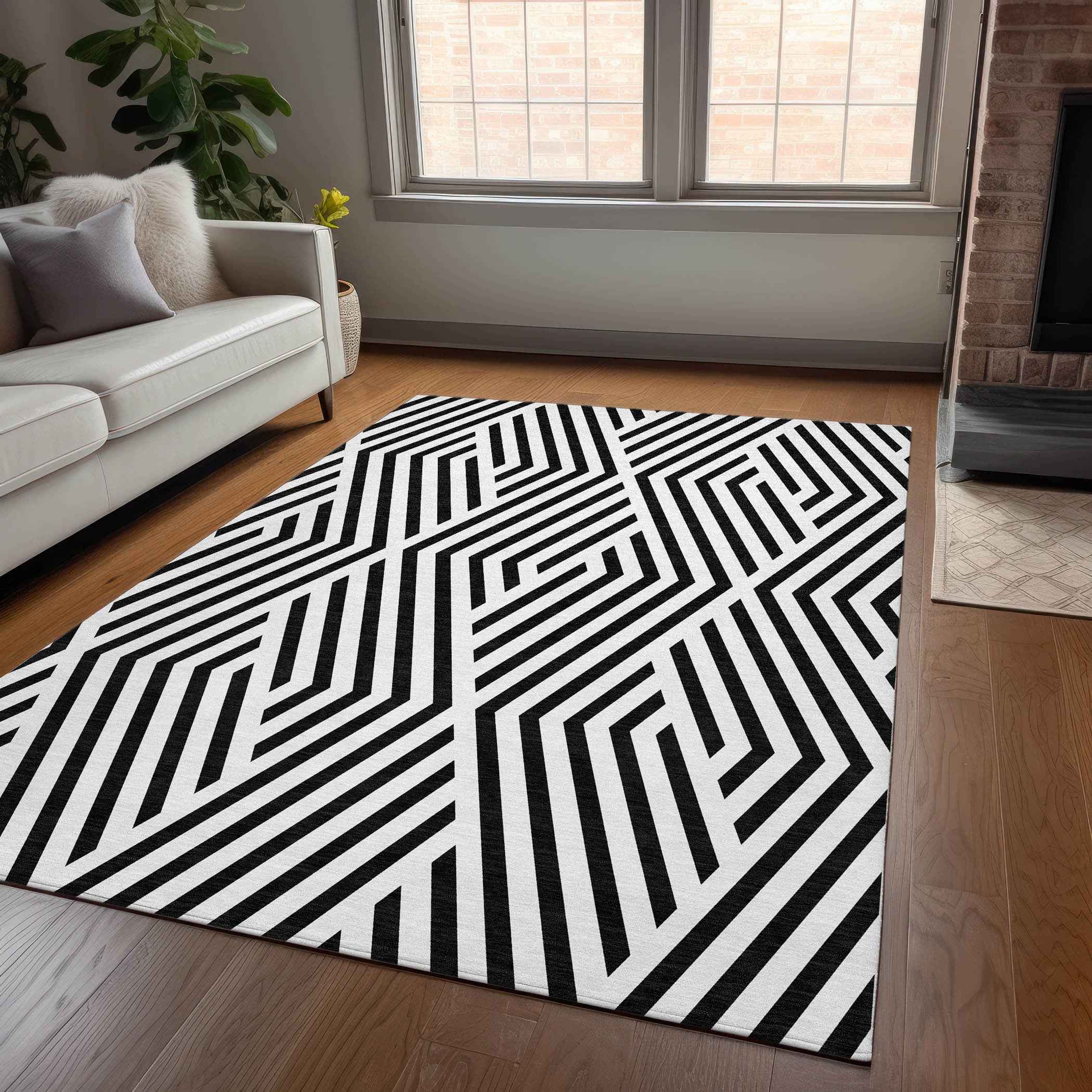 8' X 10' Black and White Geometric Washable Non Skid Indoor Outdoor Area Rug