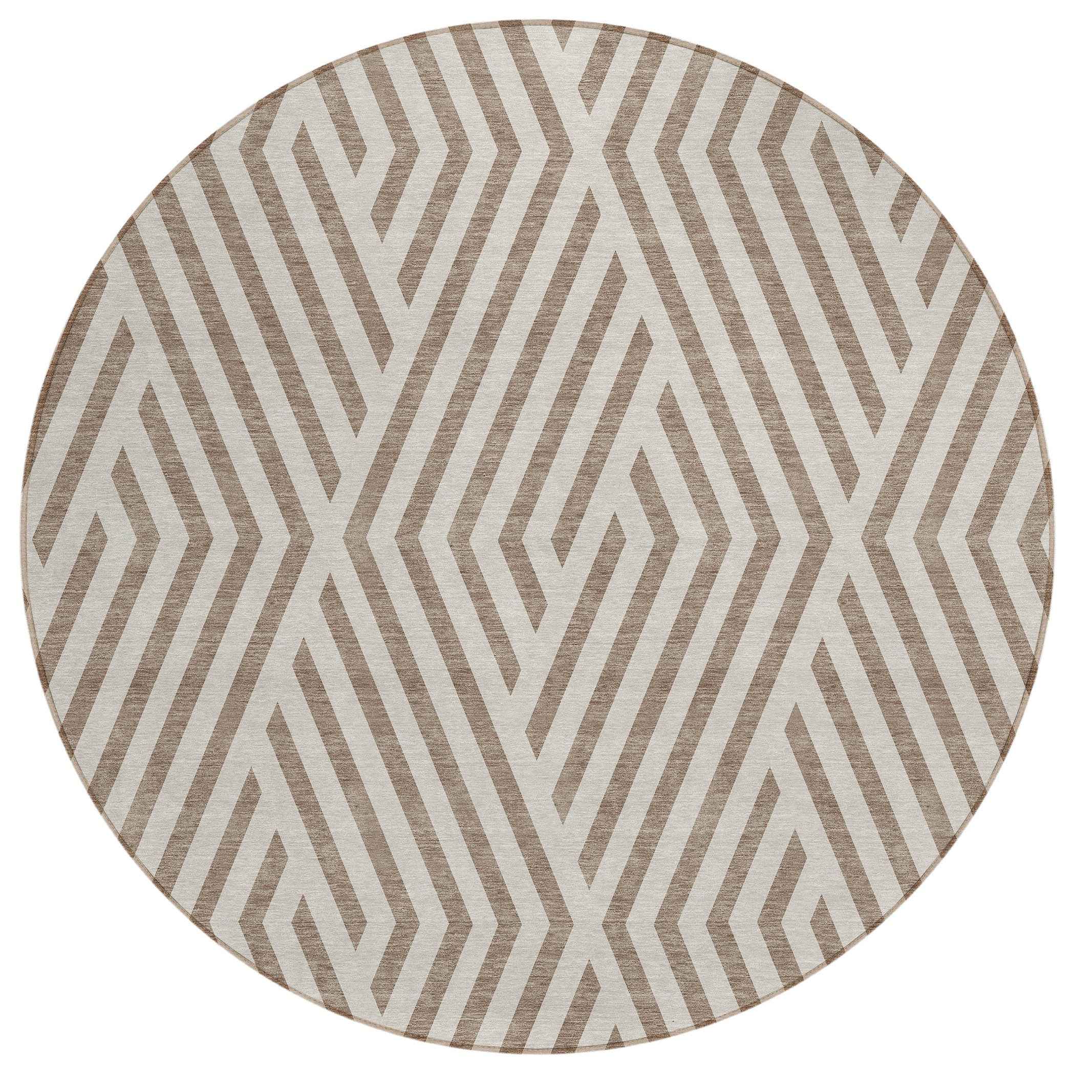 8' Round Taupe and Ivory Round Geometric Washable Non Skid Indoor Outdoor Area Rug