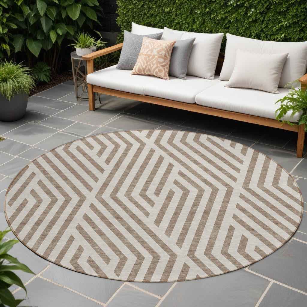 8' Round Taupe and Ivory Round Geometric Washable Non Skid Indoor Outdoor Area Rug