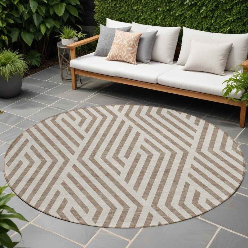 8' Round Taupe and Ivory Round Geometric Washable Non Skid Indoor Outdoor Area Rug