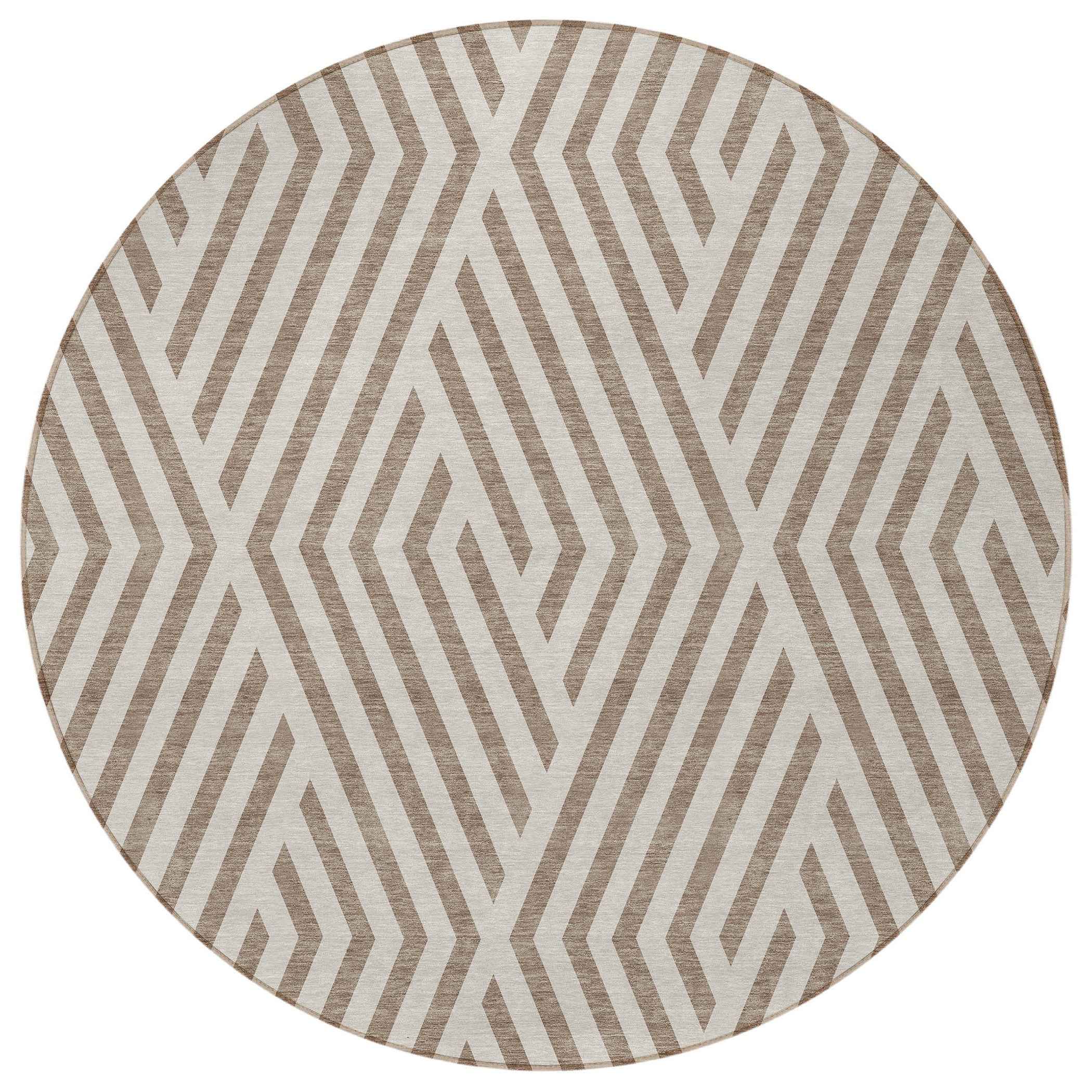 8' Round Taupe and Ivory Round Geometric Washable Non Skid Indoor Outdoor Area Rug
