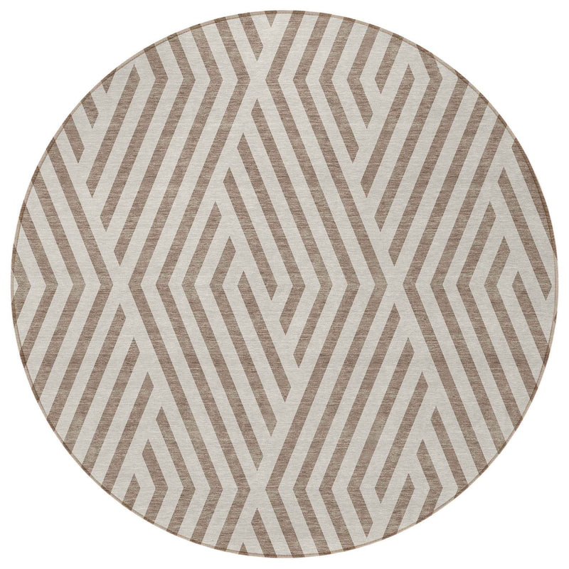 8' Round Taupe and Ivory Round Geometric Washable Non Skid Indoor Outdoor Area Rug