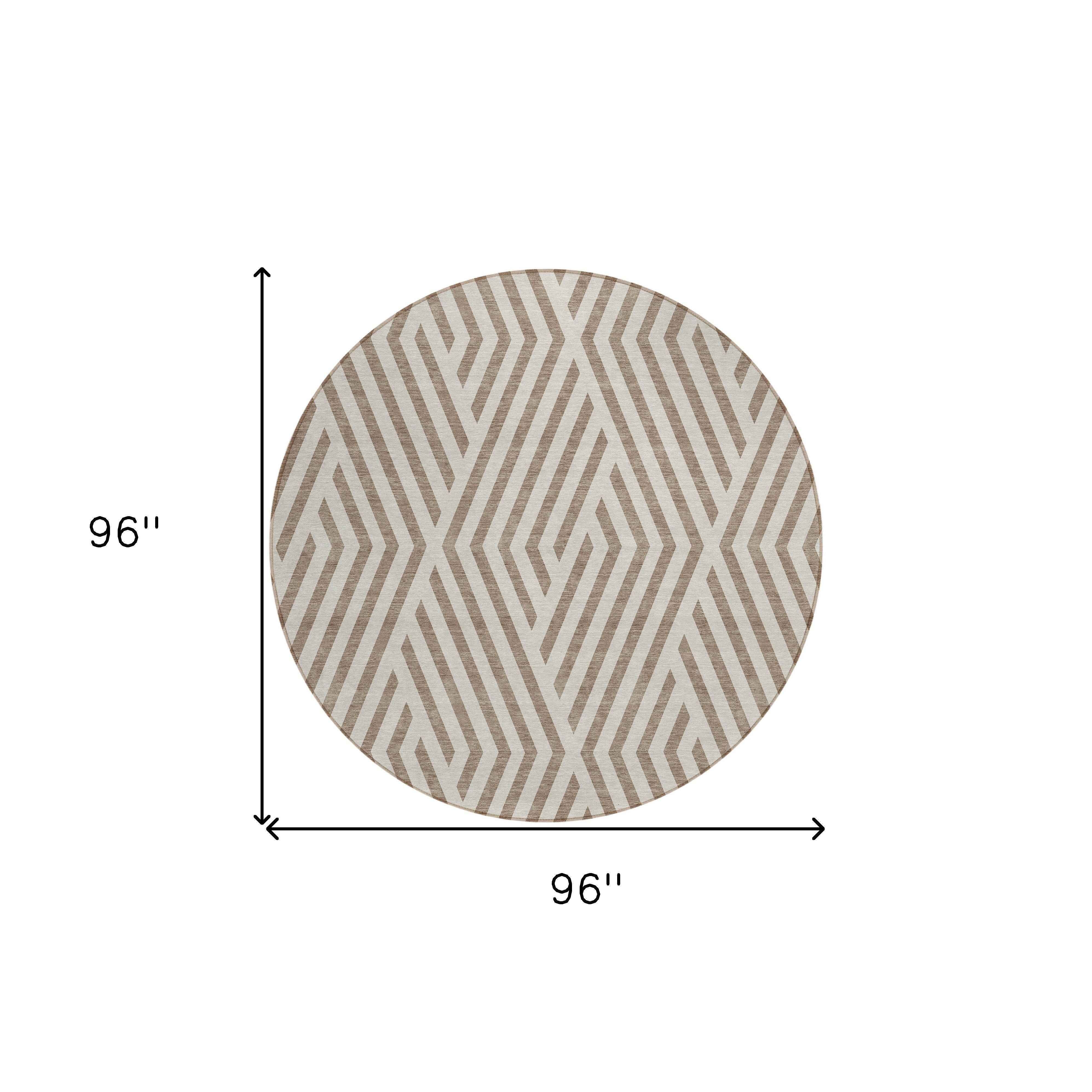8' Round Taupe and Ivory Round Geometric Washable Non Skid Indoor Outdoor Area Rug