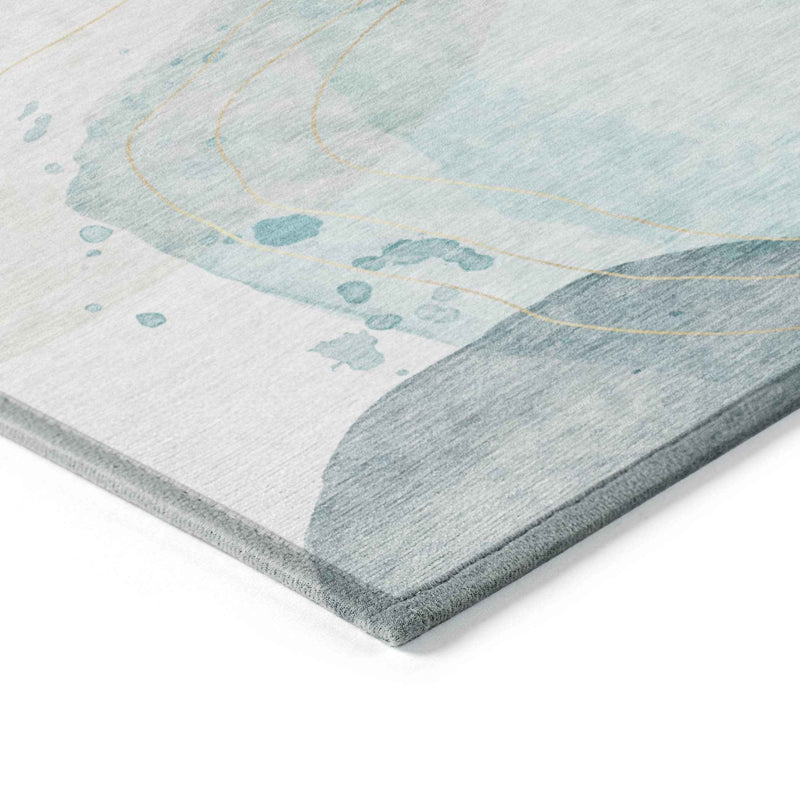 8' Runner Beige and Blue Abstract Washable Non Skid Indoor Outdoor Runner Rug