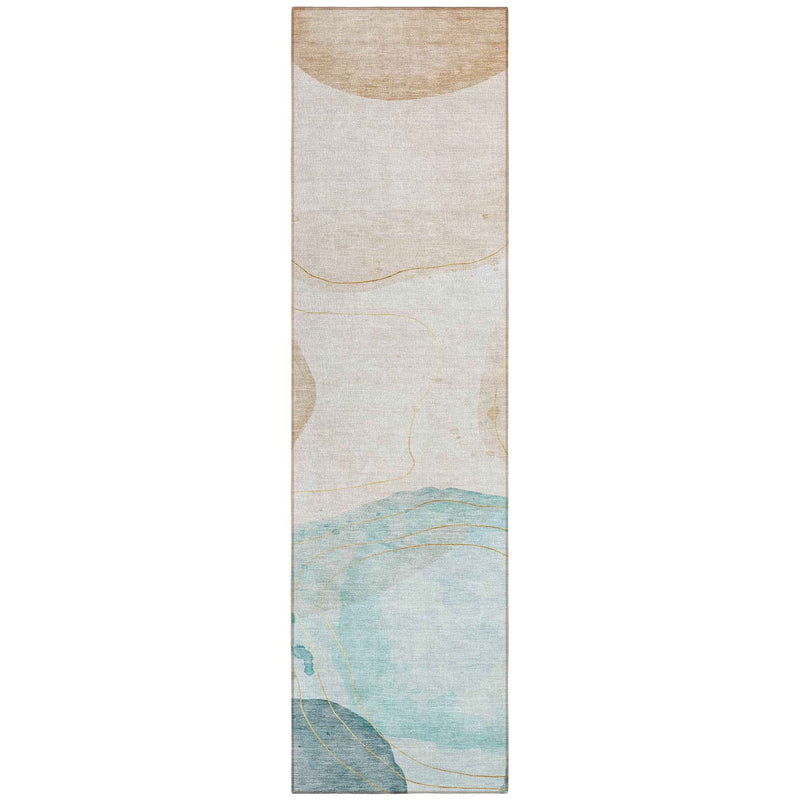 8' Runner Beige and Blue Abstract Washable Non Skid Indoor Outdoor Runner Rug