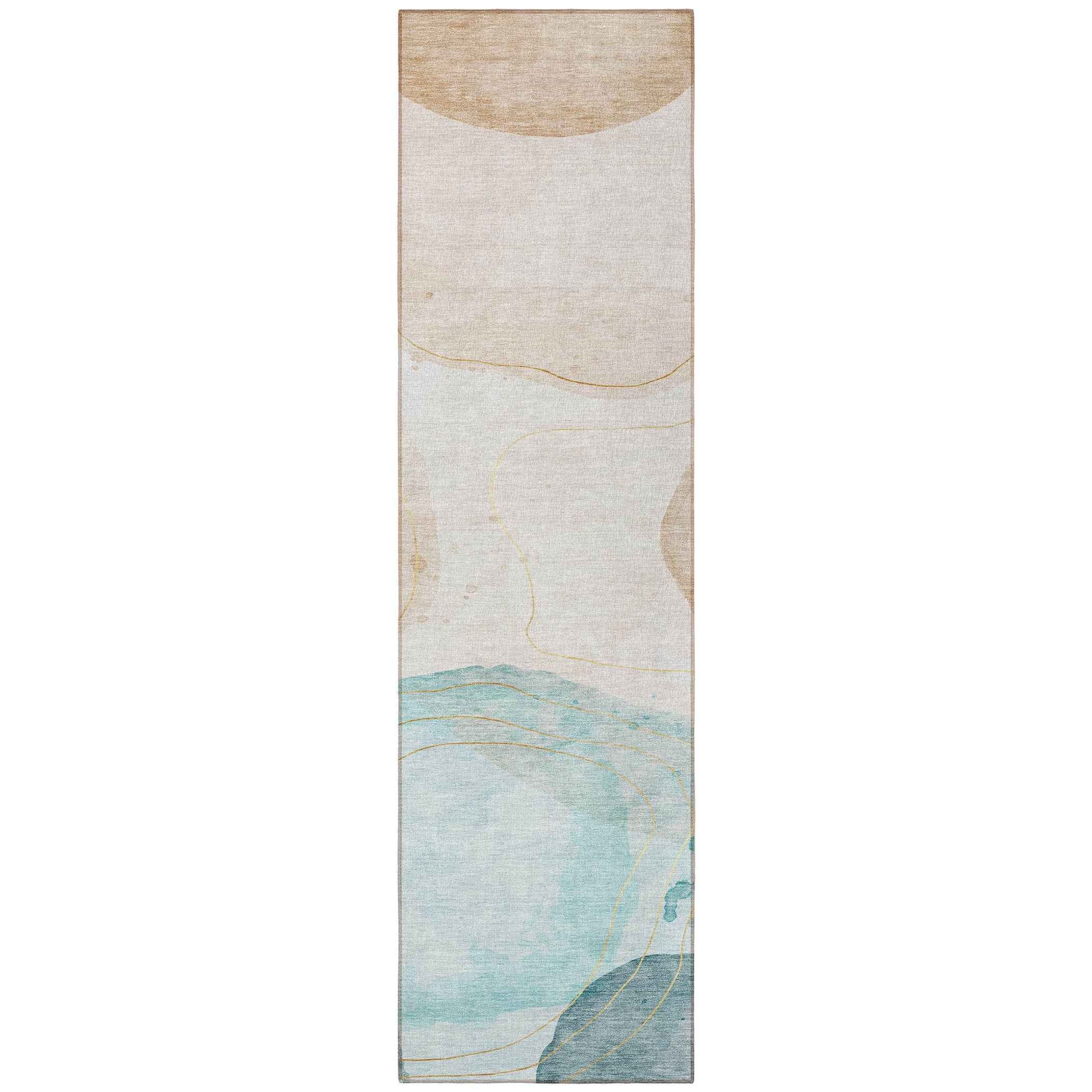 8' Runner Beige and Blue Abstract Washable Non Skid Indoor Outdoor Runner Rug