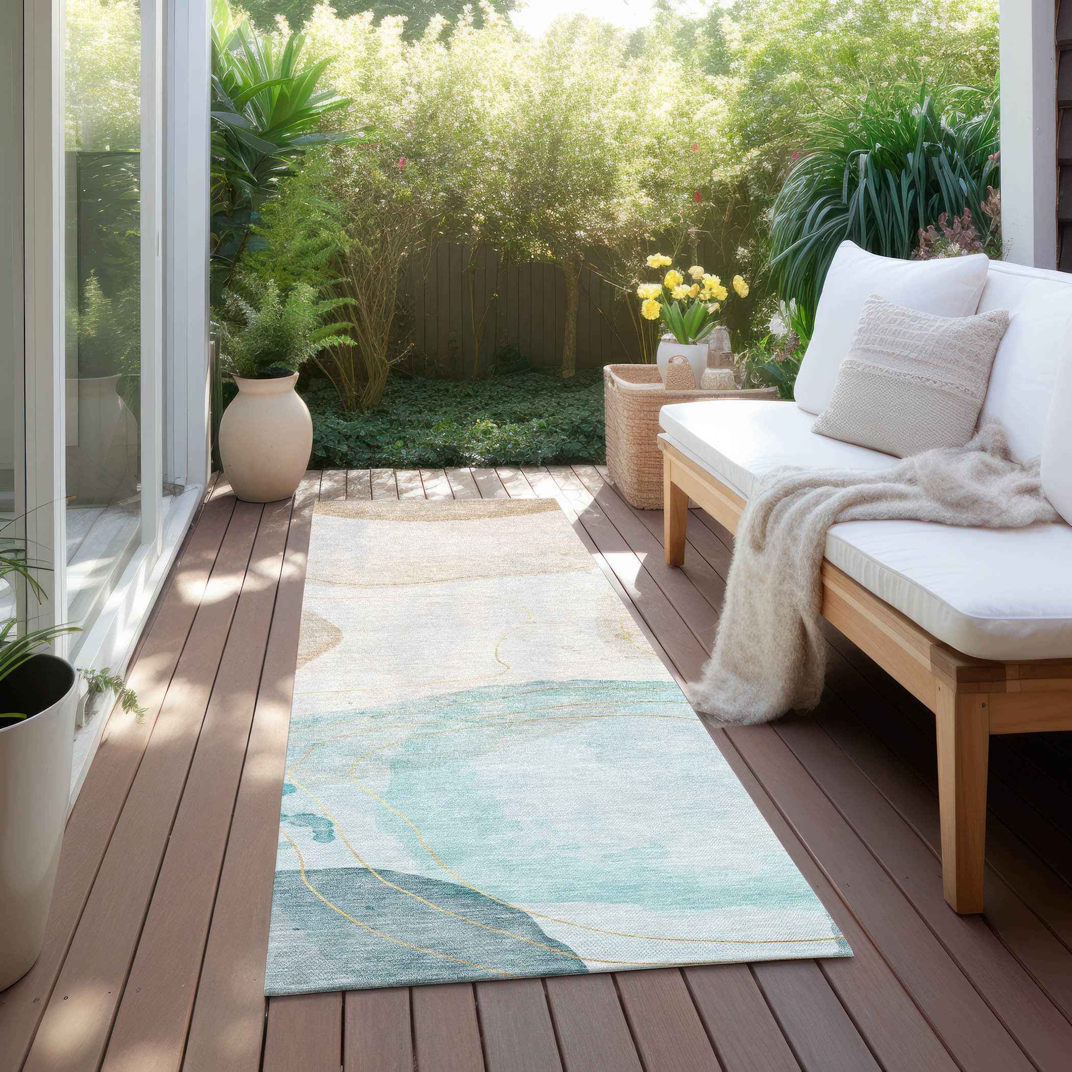 8' Runner Beige and Blue Abstract Washable Non Skid Indoor Outdoor Runner Rug