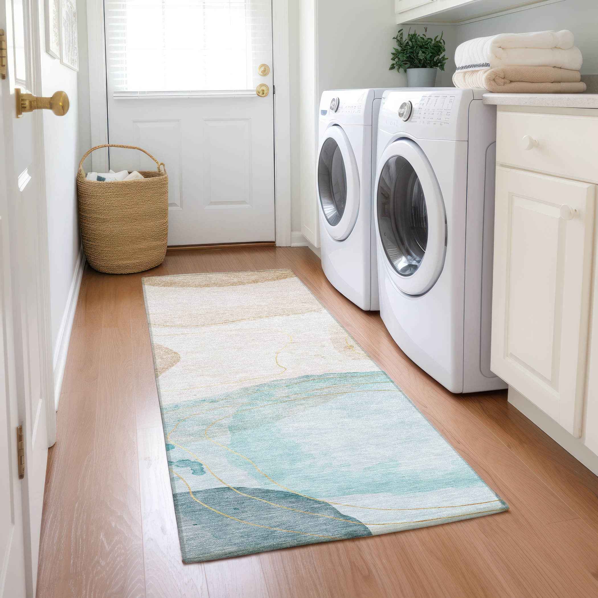 8' Runner Beige and Blue Abstract Washable Non Skid Indoor Outdoor Runner Rug