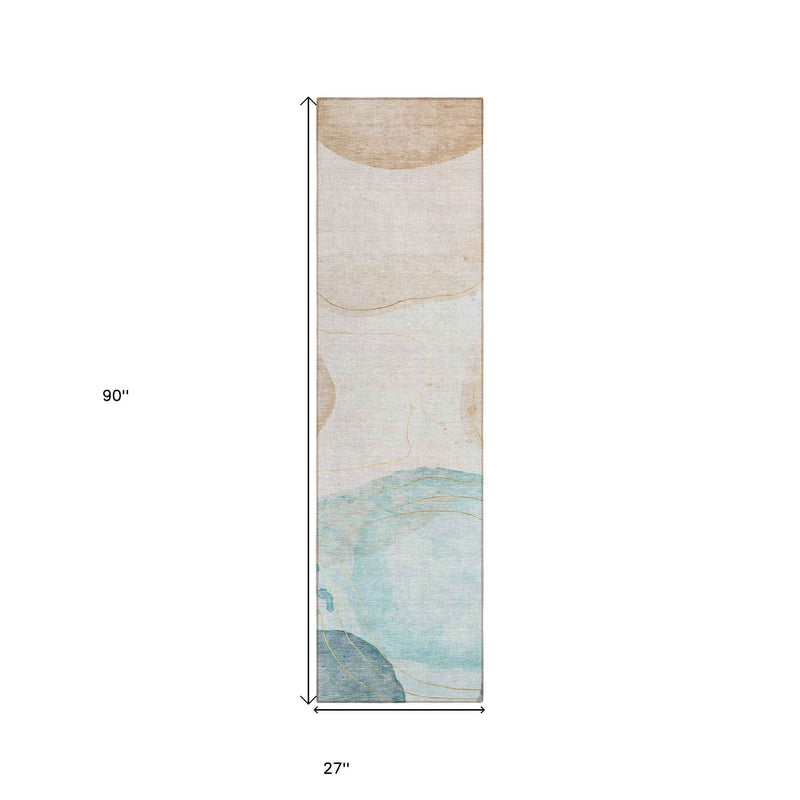 8' Runner Beige and Blue Abstract Washable Non Skid Indoor Outdoor Runner Rug