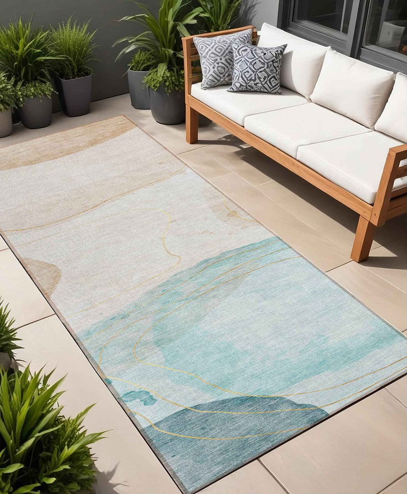 8' Runner Beige and Blue Abstract Washable Non Skid Indoor Outdoor Runner Rug