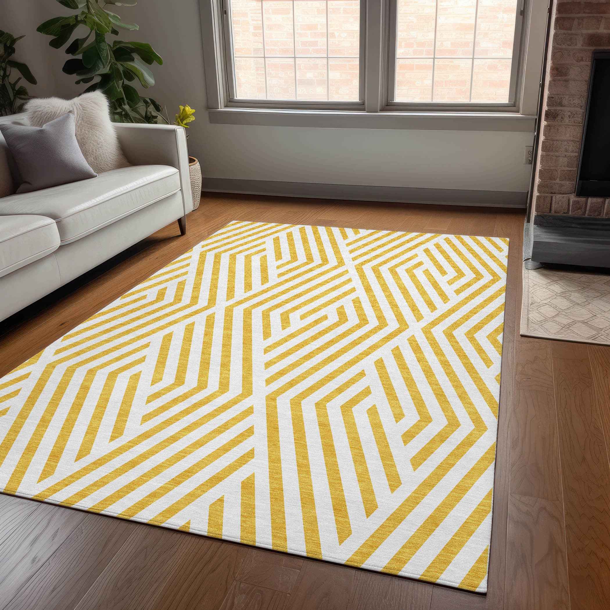 8' X 10' Gold and White Geometric Washable Non Skid Indoor Outdoor Area Rug