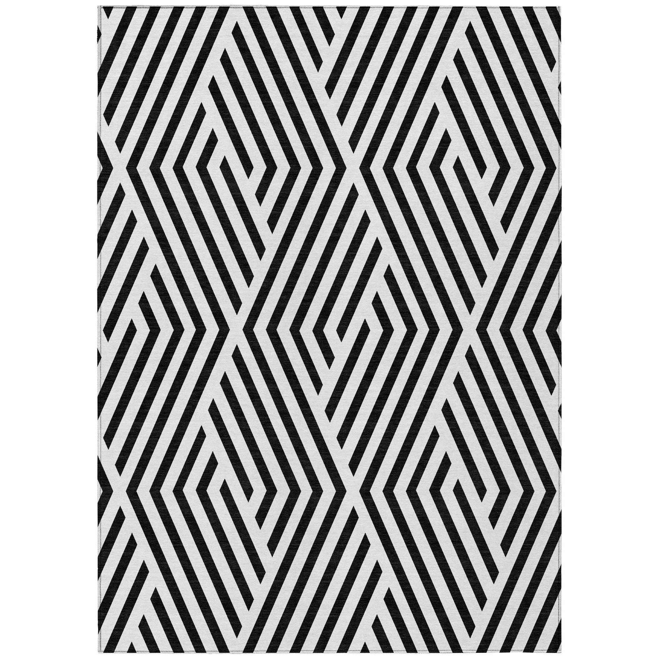 5' X 8' Black and White Geometric Washable Non Skid Indoor Outdoor Area Rug