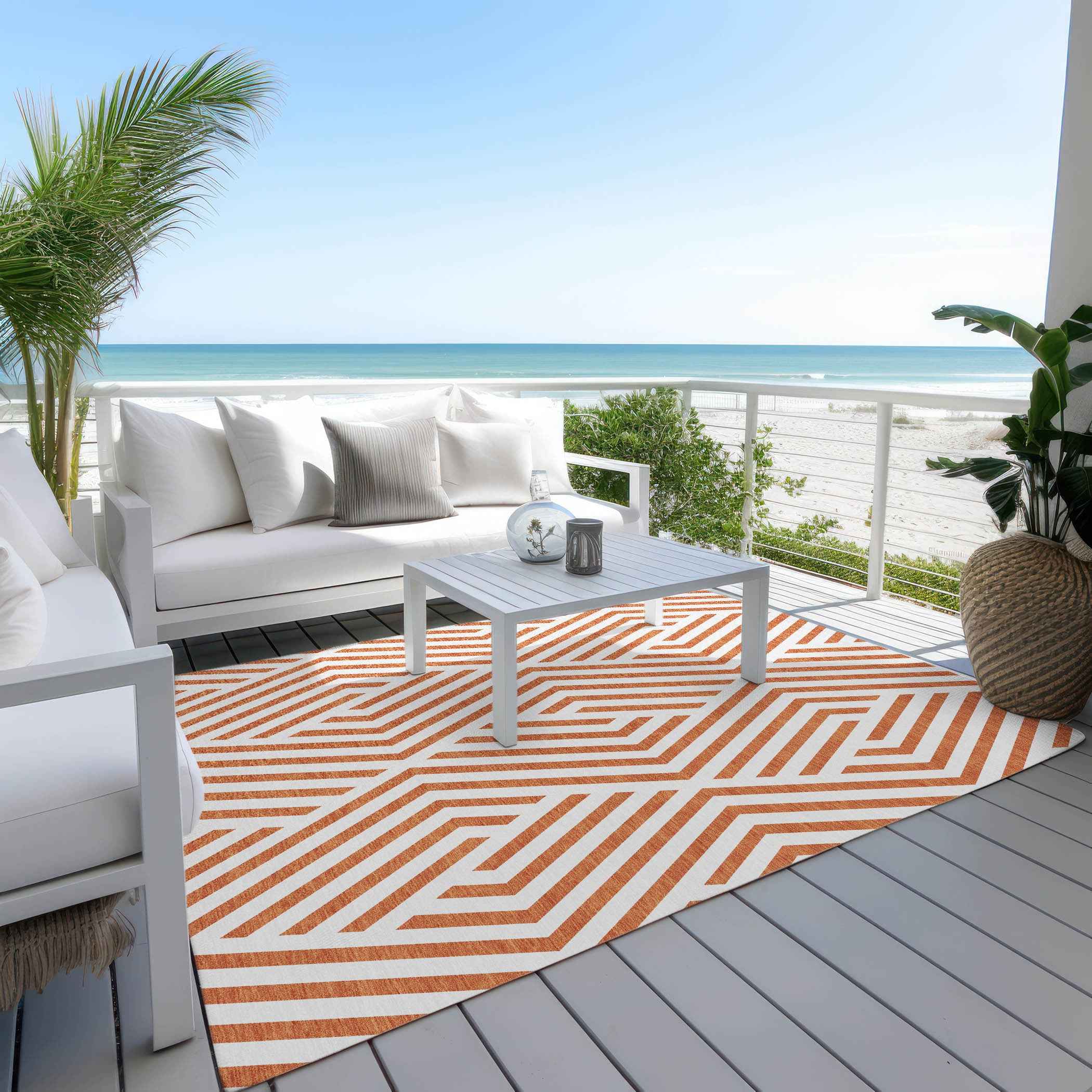 5' X 8' Orange And White Geometric Washable Indoor Outdoor Area Rug