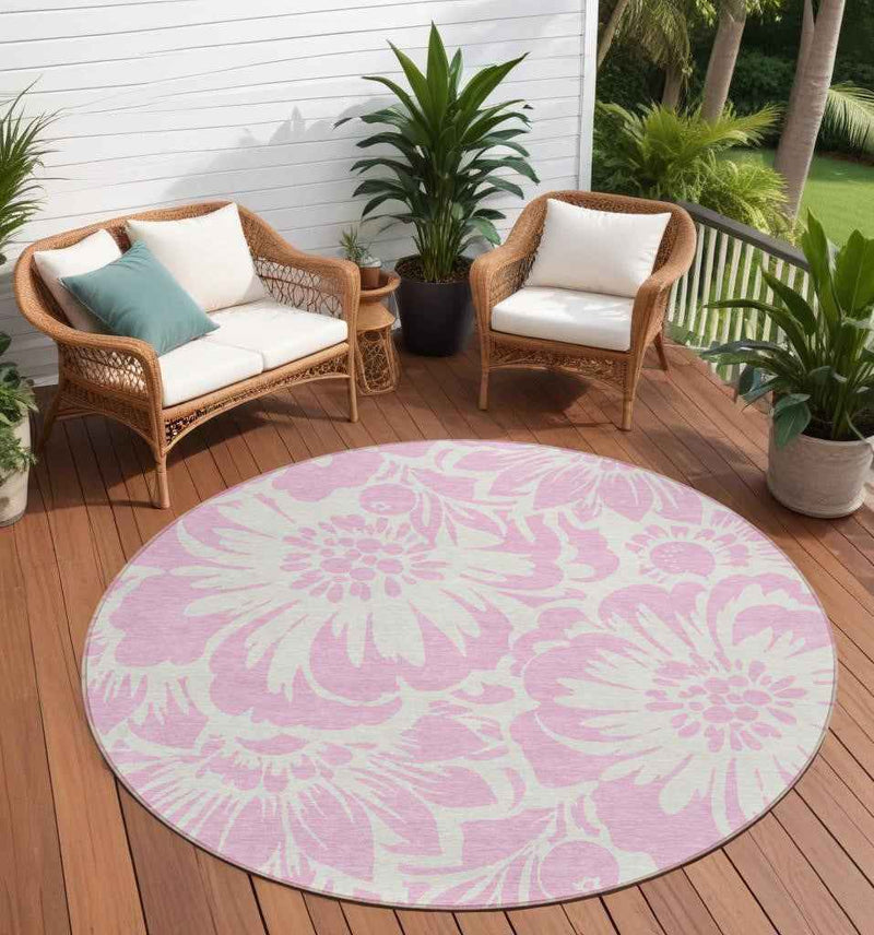8' Round Pink and Ivory Round Floral Washable Non Skid Indoor Outdoor Area Rug