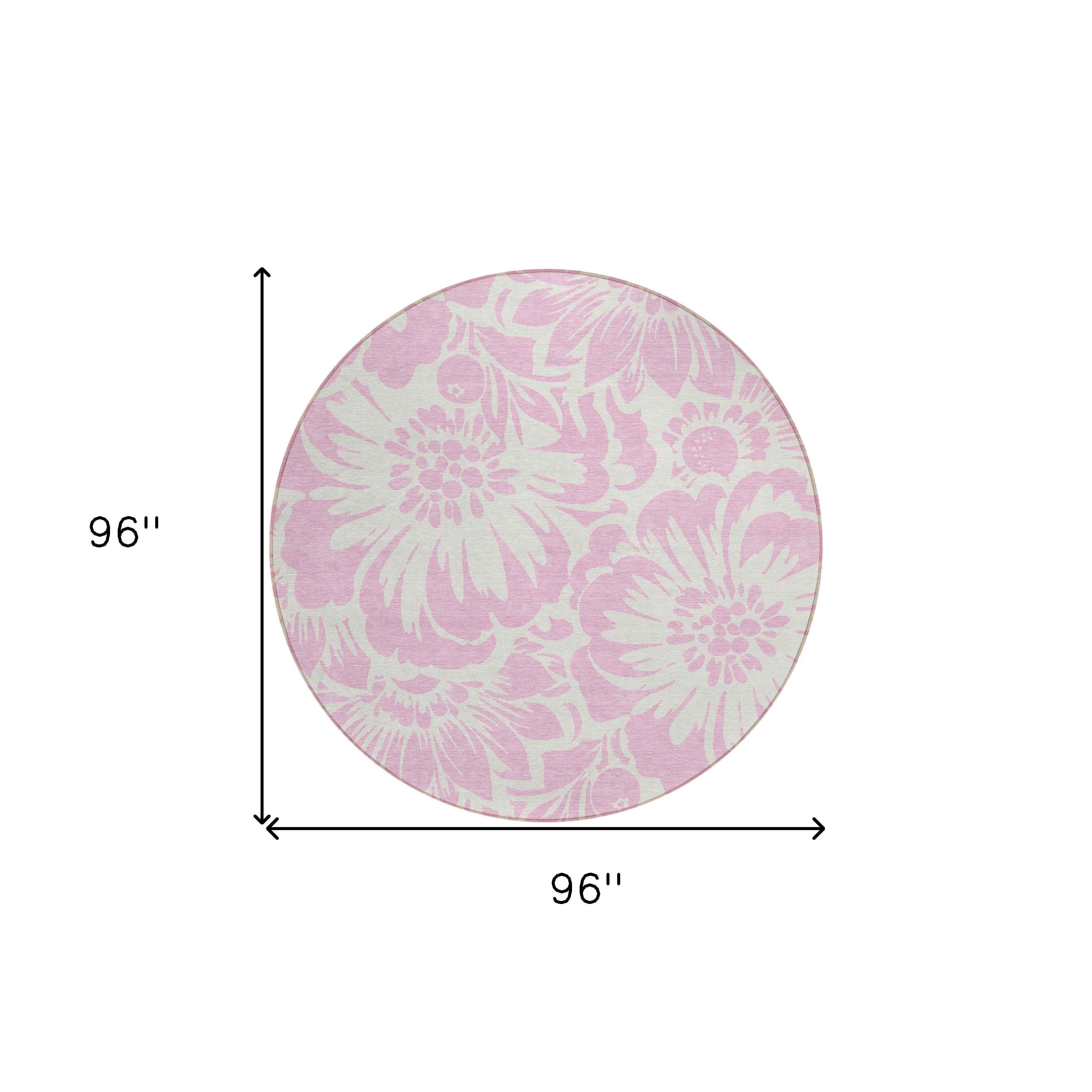 8' Round Pink and Ivory Round Floral Washable Non Skid Indoor Outdoor Area Rug