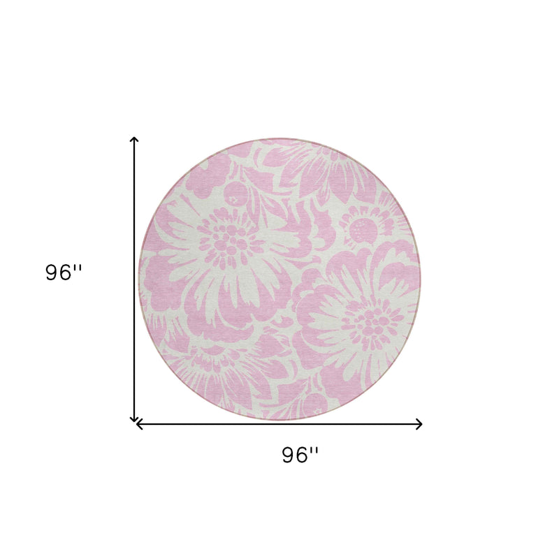 8' Round Pink and Ivory Round Floral Washable Non Skid Indoor Outdoor Area Rug