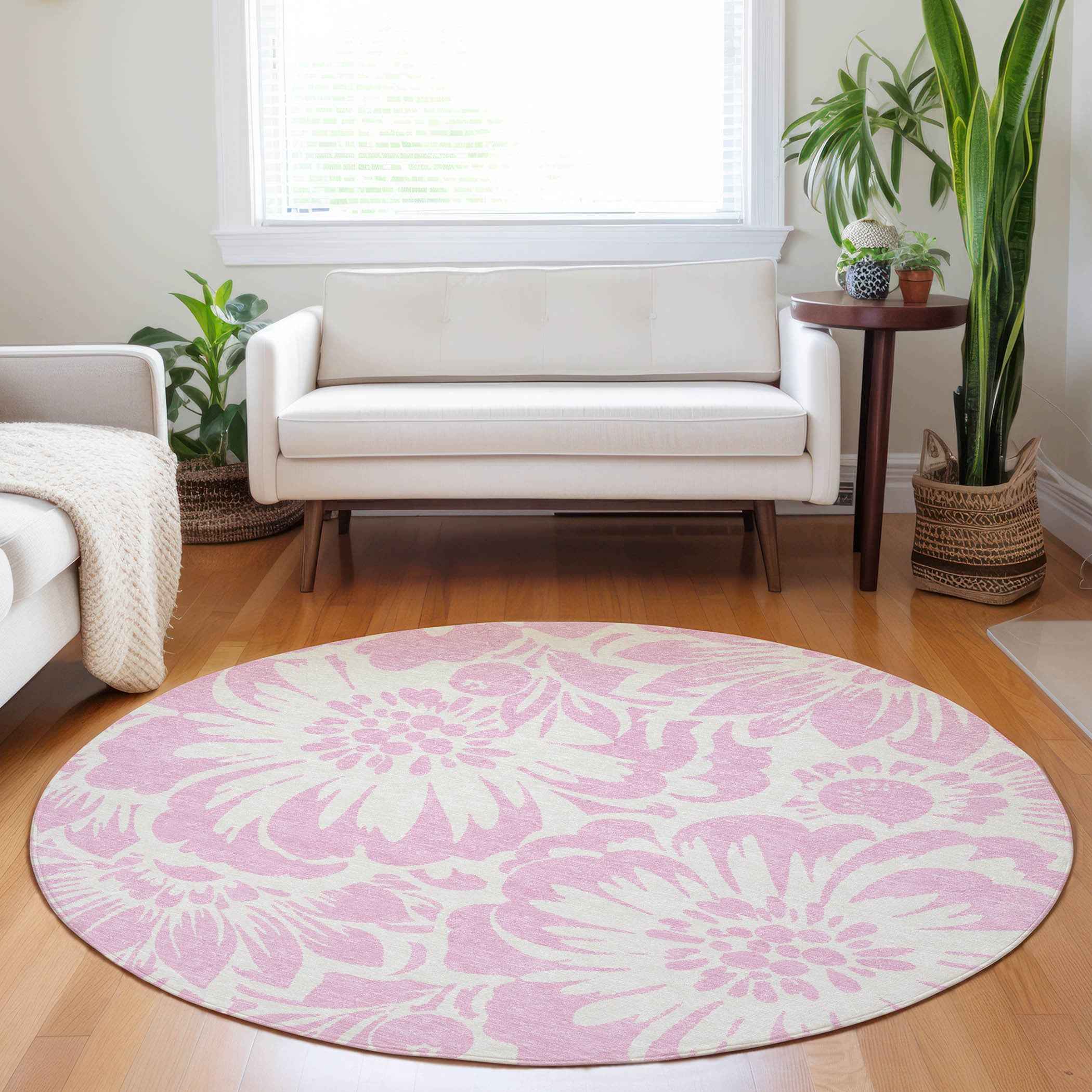 8' Round Pink and Ivory Round Floral Washable Non Skid Indoor Outdoor Area Rug